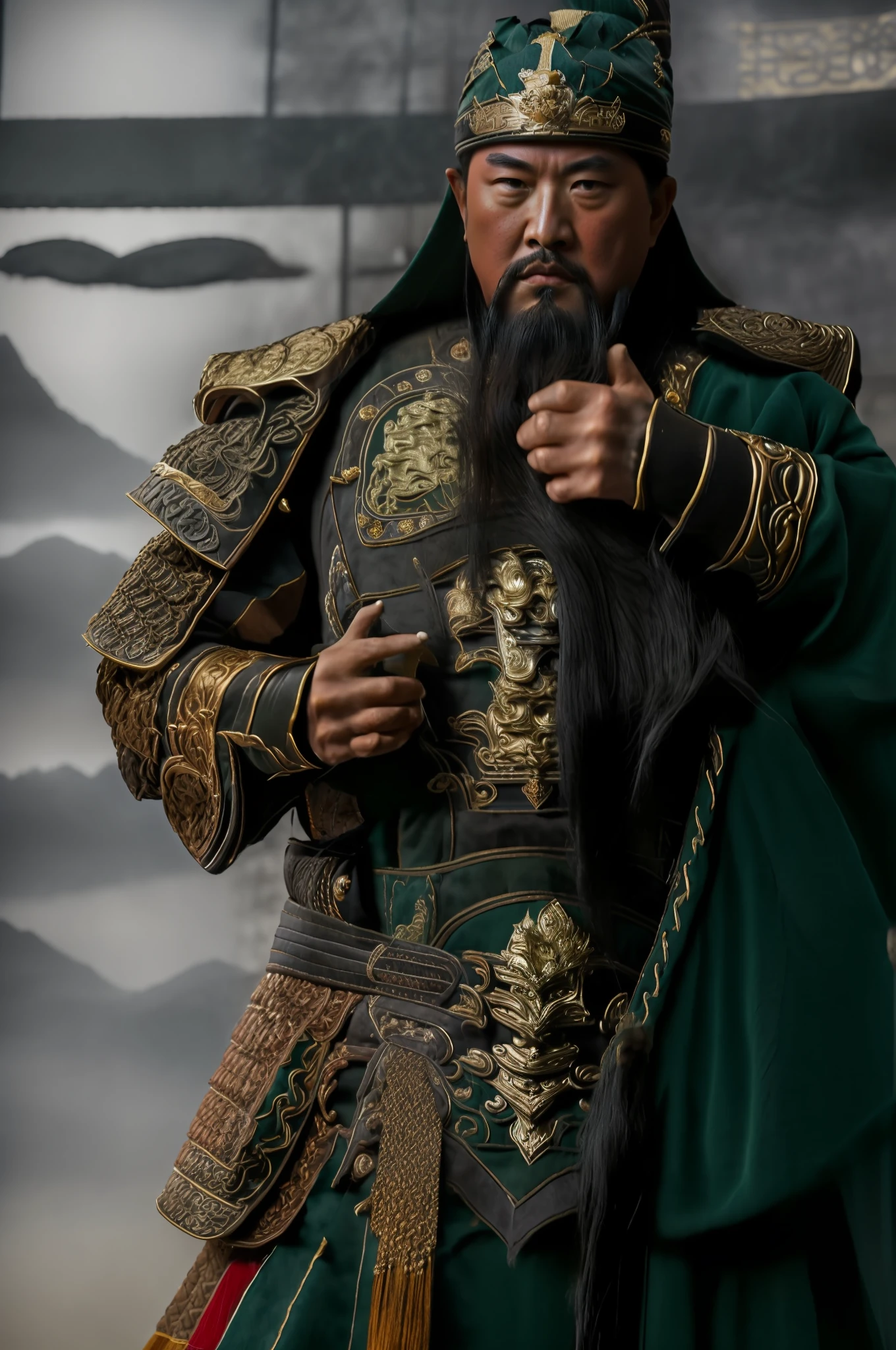 The whole body, including the crown of the head, is in the picture, (green clothes, fearless and intelligent face, (colored skin), (waist-length, heavy black beard): 1.2), (clothes of the Three Kingdoms era: 1.2), long pants, (insanely detailed, bloom: 1.5), (best quality, photo, 4K), (photo: 1.2), (high sharpness), (detailed pupil: 1.1), (photo: 1.1), detailed face and eyes, Masterpiece, Top Quality, (HD Photo:1.1), 8k, Photorealistic, (Black Hair Color), (pureerosface_v1:0.2), [:(More Face:1.2):0.2], Sharp, Real, Real Shadow, (Chinese Castle Background: 1.2), Guan Yu alone.