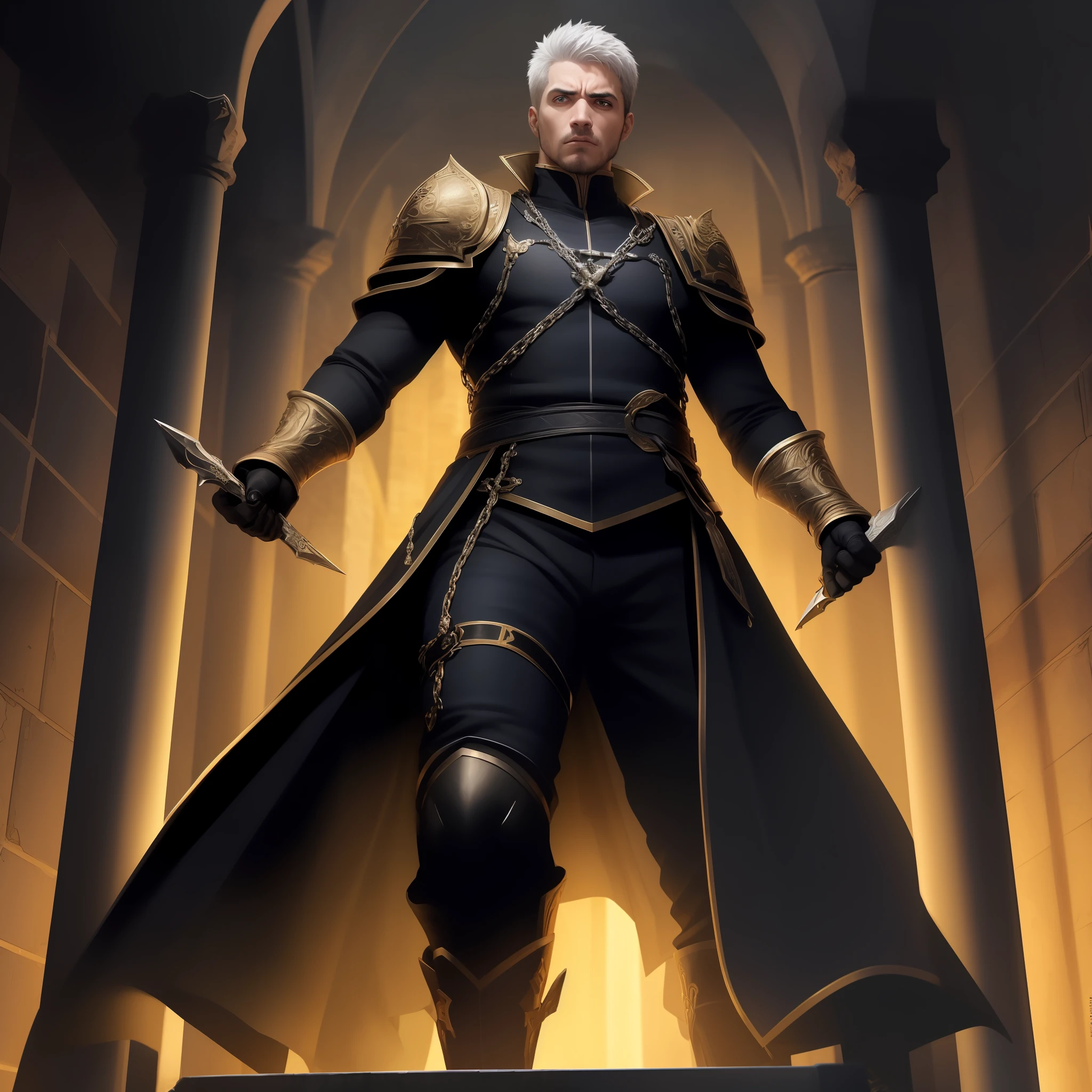 imagem realistica de um homem loiro, forte, alto, olhos azuis, short hair combed back, expression of fury, Dress in black cleric's clothes, ombreiras com detalhes dourados, Down a staircase from a dungeon
