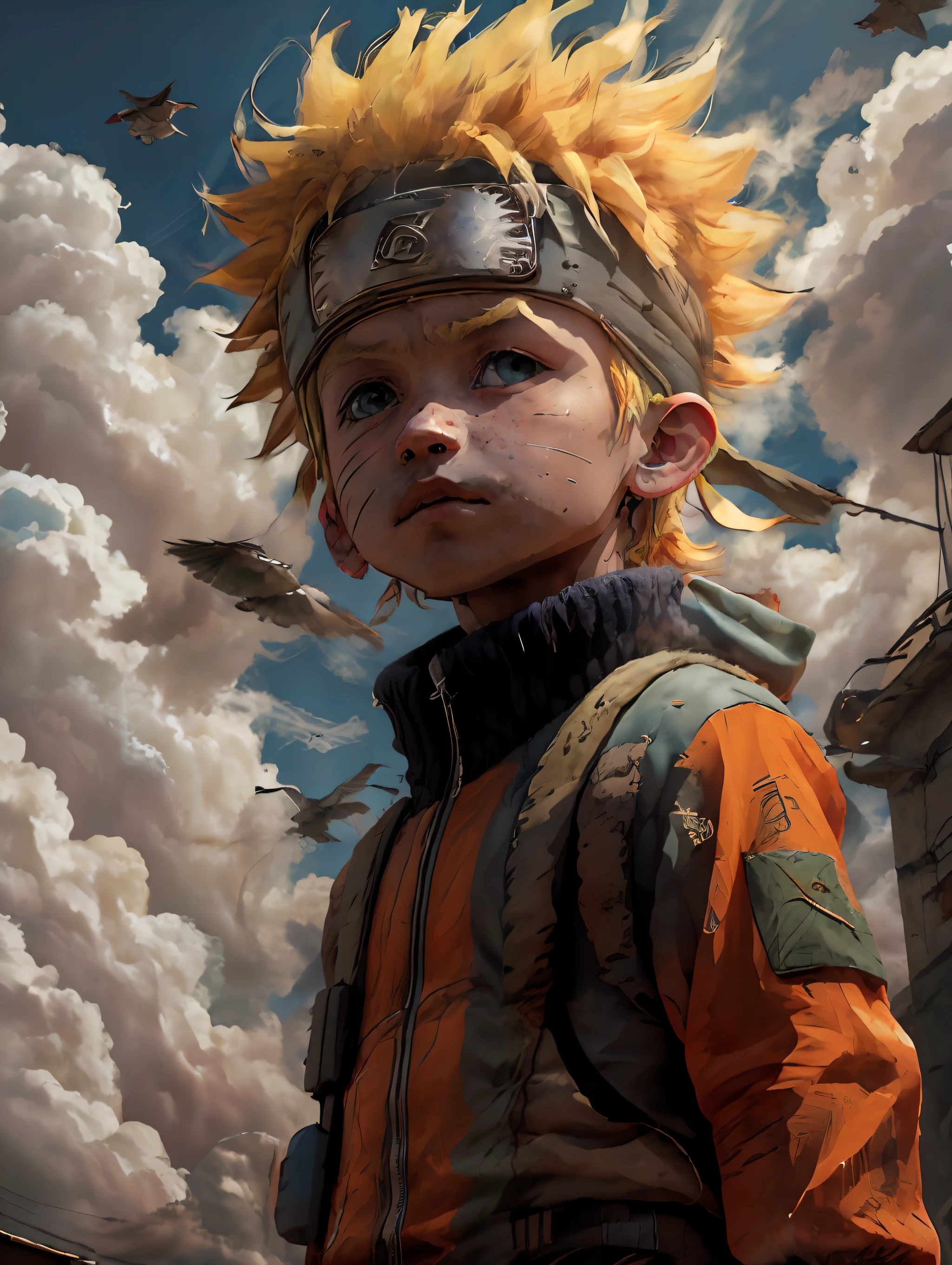 chibinaruto, 1boy, blonde hair, male focus, solo, sky, green eyes, cloud, day, whisker markings, bird, blue sky, male child, jacket, outdoors, upper body, cloudy sky, Rio de Janeiro