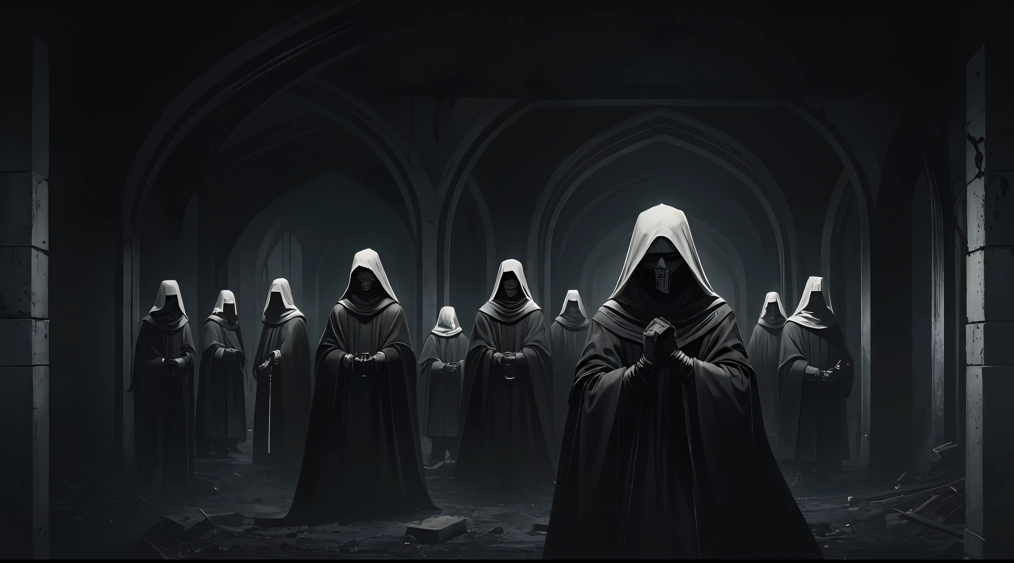 dark scene, full body, men, masked cultists with black robes and creepy white masks, in a dark place, dark and gross room, horror scene, darkness, terrific, dirty, dark mood
