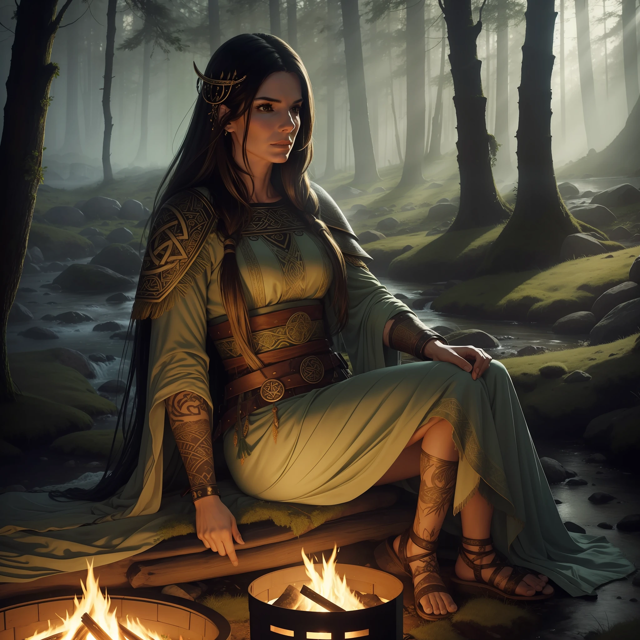 Sandra Bullock is a very beautiful woman, a Viking warrior sitting near a fire at dawn in the middle of a forest on the edge of a stream, the vegetation is green and the lights pass through the leaves of the trees, a soft mist covers the environment, white and gold clothes and black details, Celtic tattoos for the body. Cartoon style, colorful, two-dimensional