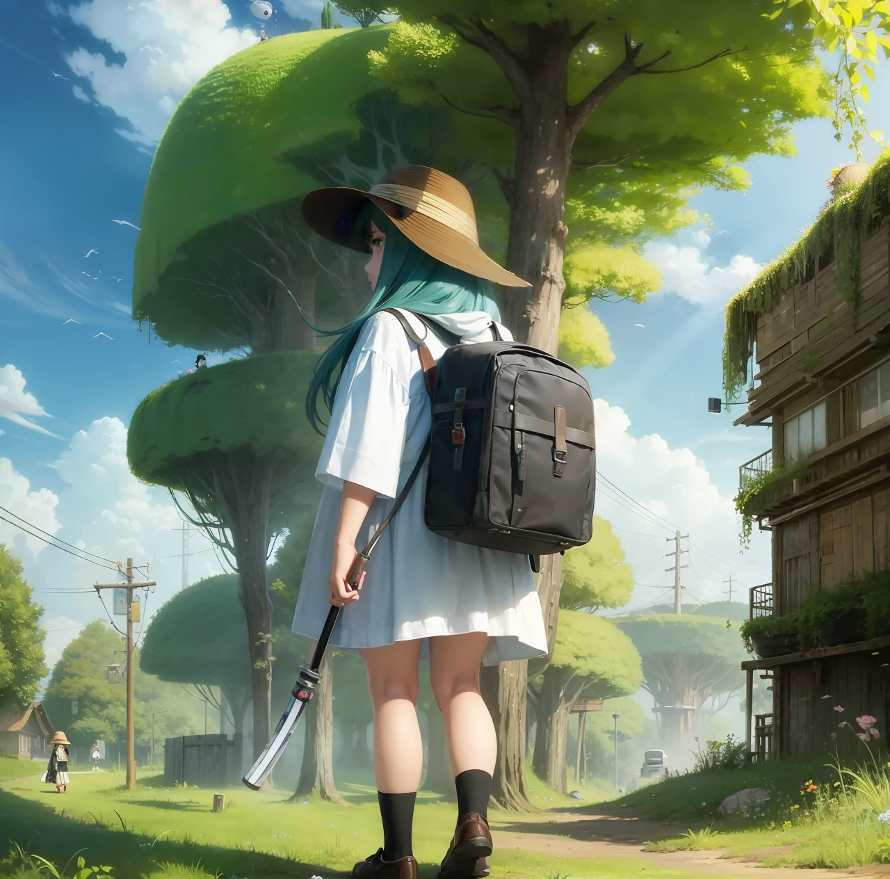 studio Ghibli, full body ciberpunk woman with hat, landscape --auto --s2