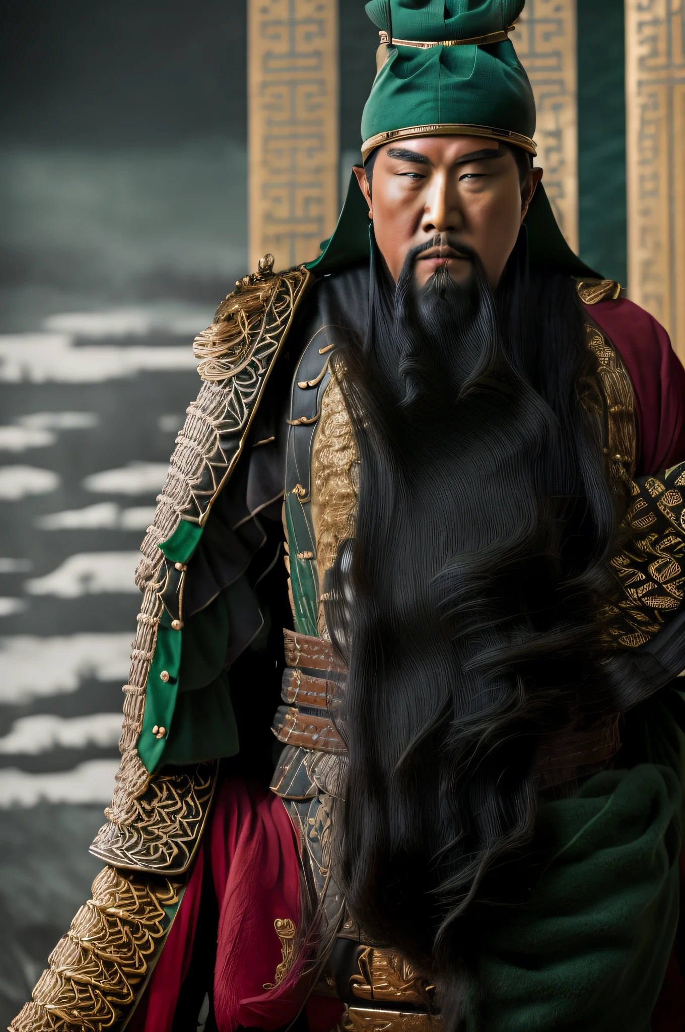 The whole body, including the crown of the head, is in the picture, (green clothes, fearless and intelligent face, (colored skin), (waist-length, heavy black beard): 1.2), (clothes of the Three Kingdoms era: 1.2), long pants, (insanely detailed, bloom: 1.5), (best quality, photo, 4K), (photo: 1.2), (high sharpness), (detailed pupil: 1.1), (photo: 1.1), detailed face and eyes, Masterpiece, Top Quality, (HD Photo:1.1), 8k, Photorealistic, (Black Hair Color), (pureerosface_v1:0.2), [:(More Face:1.2):0.2], Sharp, Real, Real Shadow, (Chinese Castle Background: 1.2), Guan Yu alone.