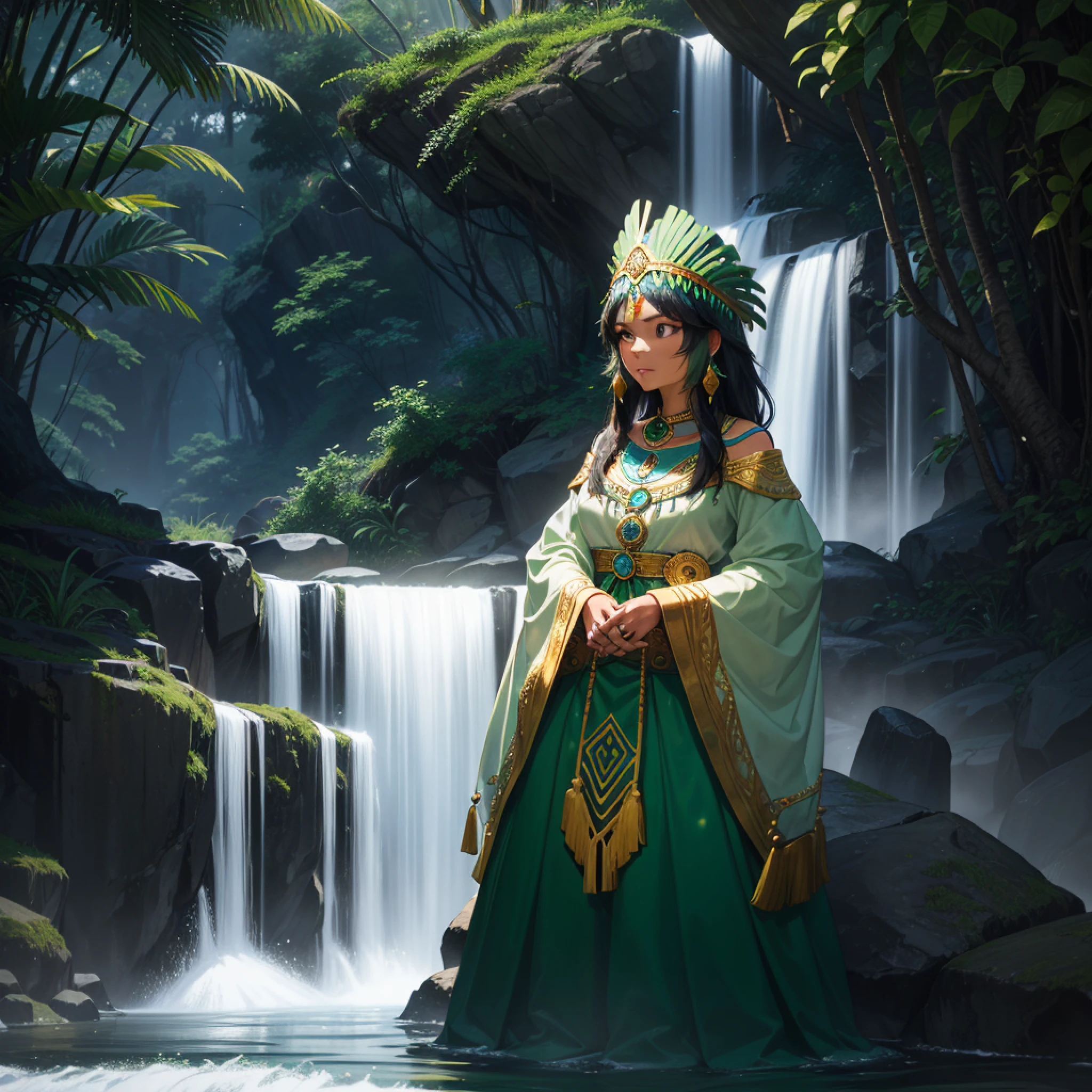an indigenous Brazilian woman, from her hands fall water like a waterfall, wearing a green headdress with golden coming out lights, looking brave, with a firm look