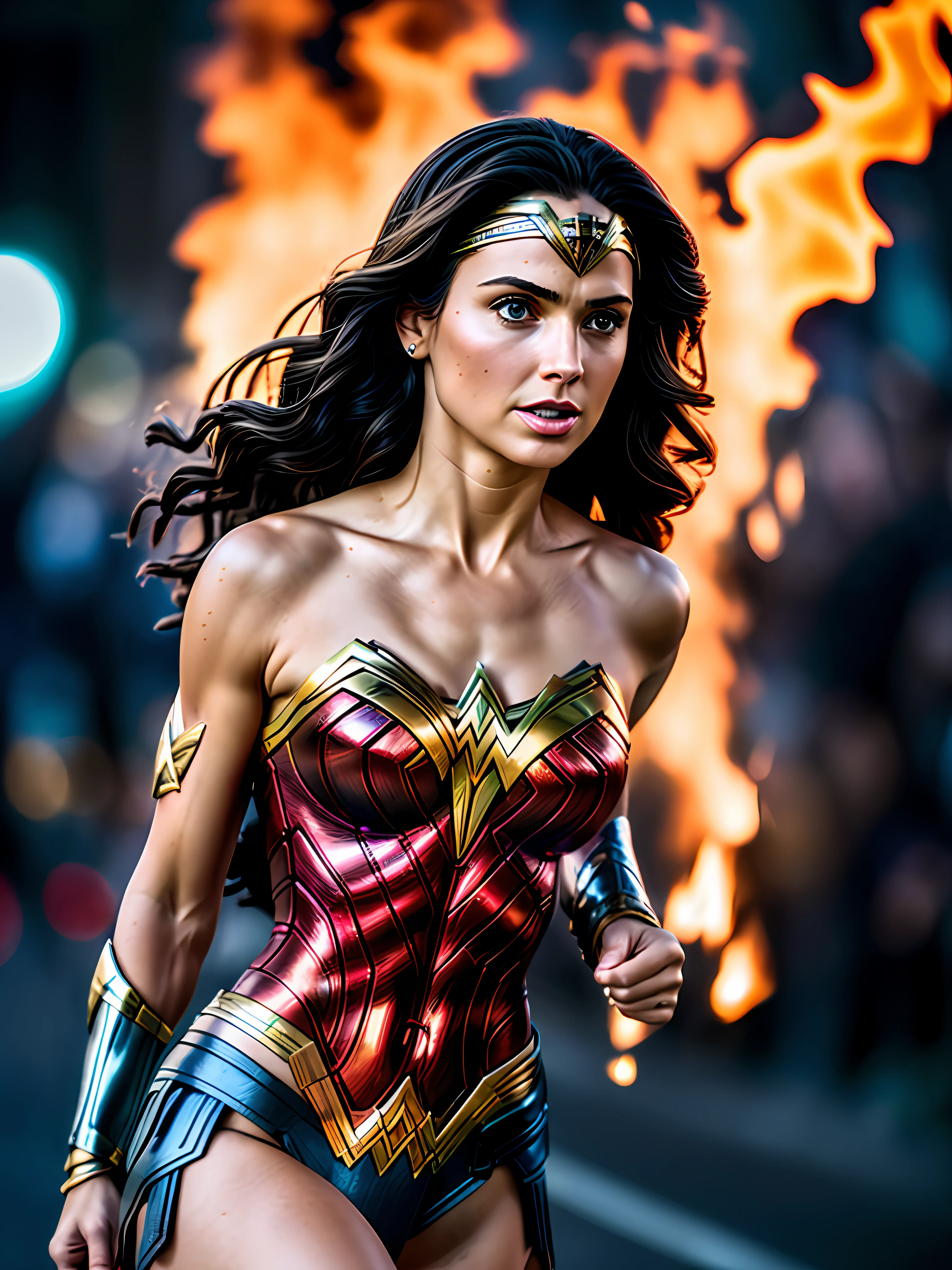 escuro e sombrio, mulher pelada 8k, Um up-Close photo of Wonder Woman with flames behind her, textura realista, dynamic composition, Fujifilm XT2, 85mm F1.2, velocidade do obturador 1/80, (Bokeh), alto contraste