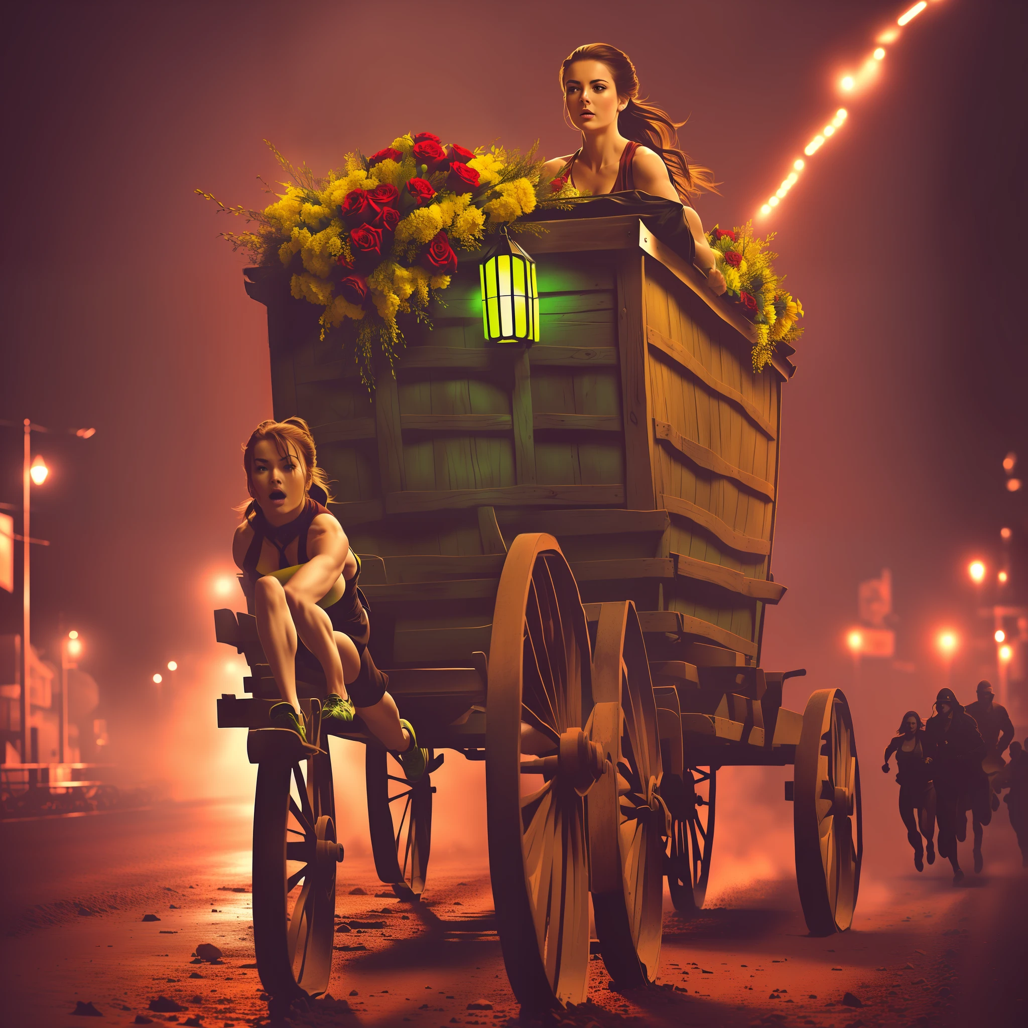 "(man, center, meter), (woman running/entering the wagon:1.2), (bouquet of roses thrown on the floor full of blood:0.5), high contrast, low key, yellow/green lighting"