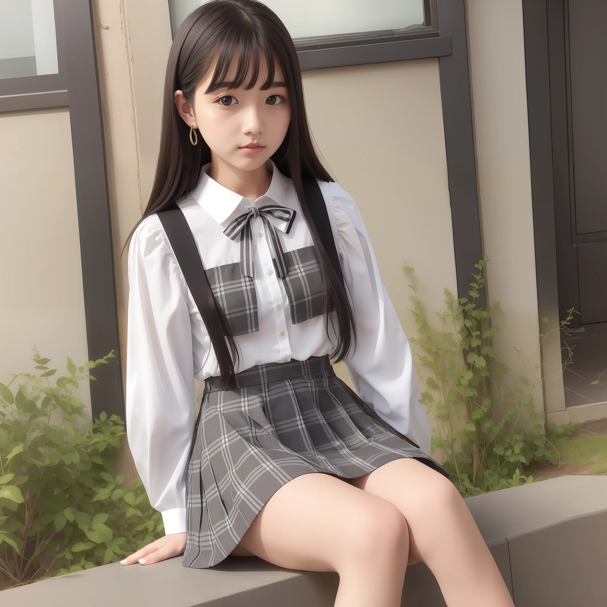 White blouse、Grey plaid skirt、medium Hair、dark black hair、satchel、 girls