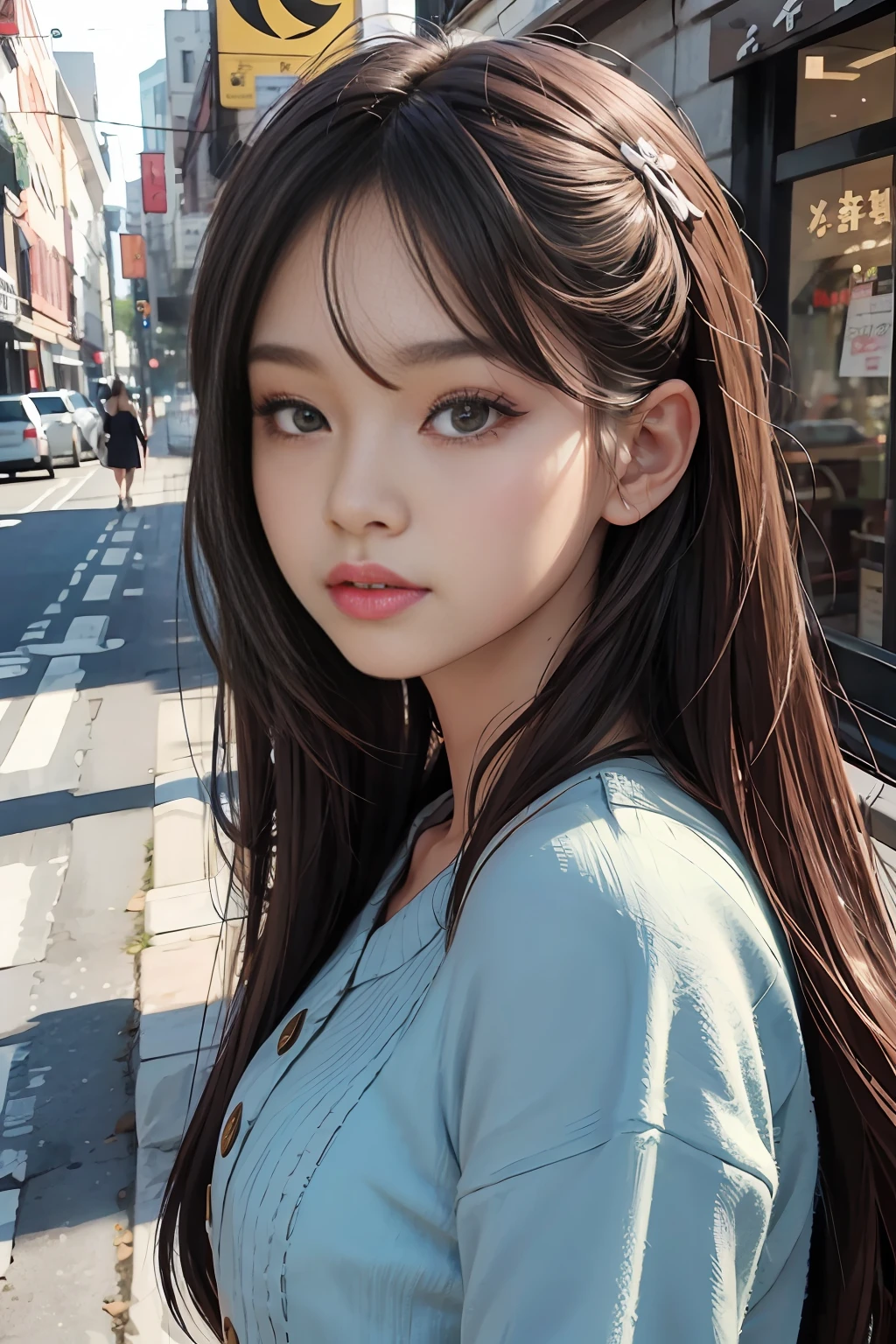 beautiful girl, asian, face like anime character face, long hair, brown