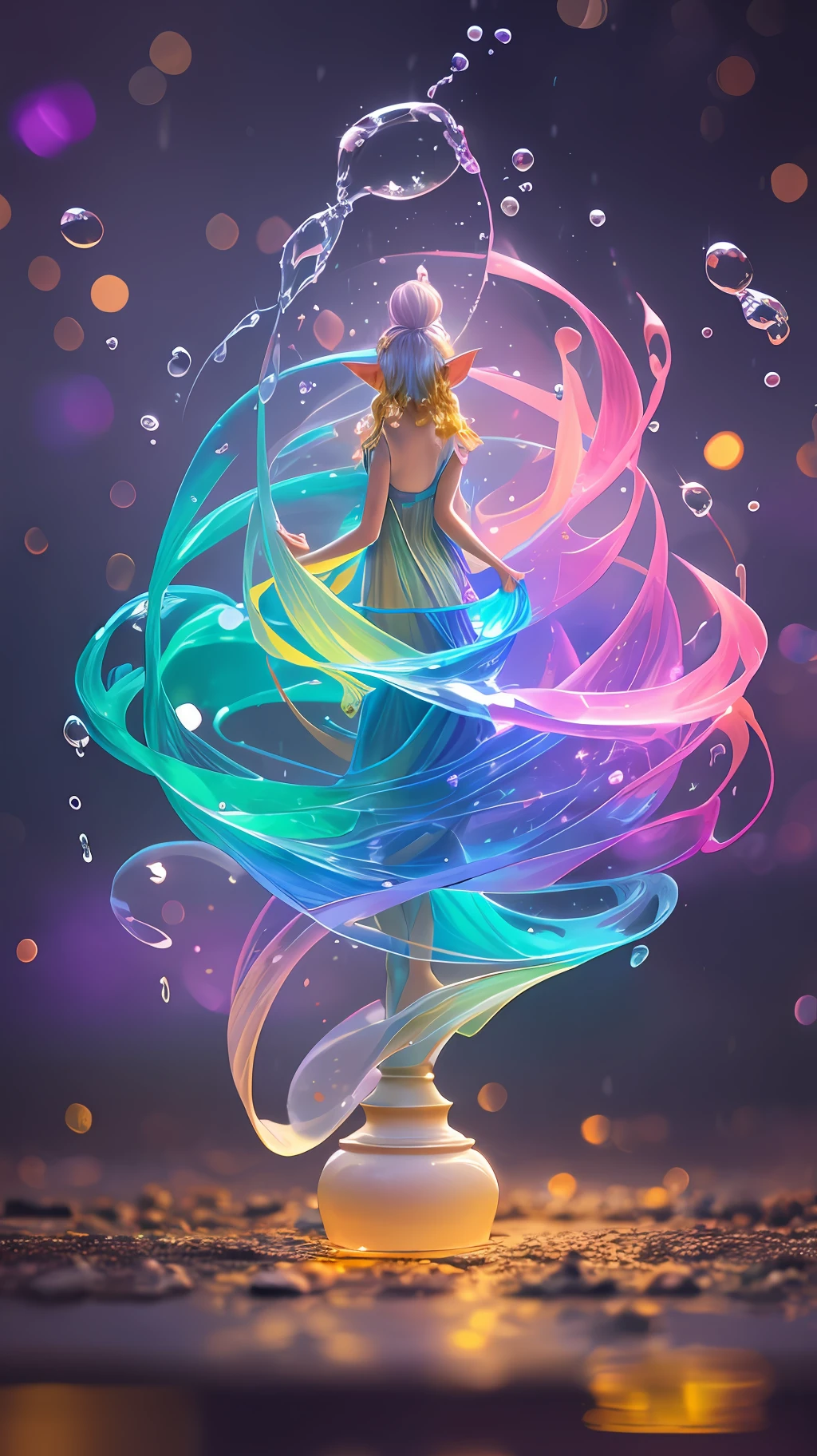 fine art masterclass splash spray trickle daubs of rainbow opaline Prisma Sakuraoil color,Dieselpunk celestial ethereal ghostly elf, HDR, ultra high-detail, centered, bokeh, lens flare, foggy dusk, bloom, light bloom, cinematic lighting, high dynamic range, depth of field, full contrapposto