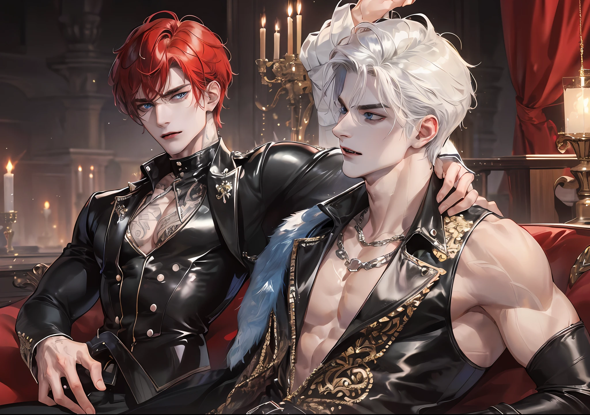 man, vampire, masculine, masculine face, attractive, muscular, ((1man)), masterpiece, absurdres, best quality ,intricate details , (shiny skin, shiny body, shiny oily luster skin, shiny hair, pale skintone), old castle, Sundown, attractive, ((muscular)), adult, one, tattoo in his chest ,black blouse, earrings, black pants, Don't look at the view , Not looking at the view, red short hair, perfect detailed face, perfect detailed hands, vampire fangs, blue eyes, ((MLS)), medium large shoot
