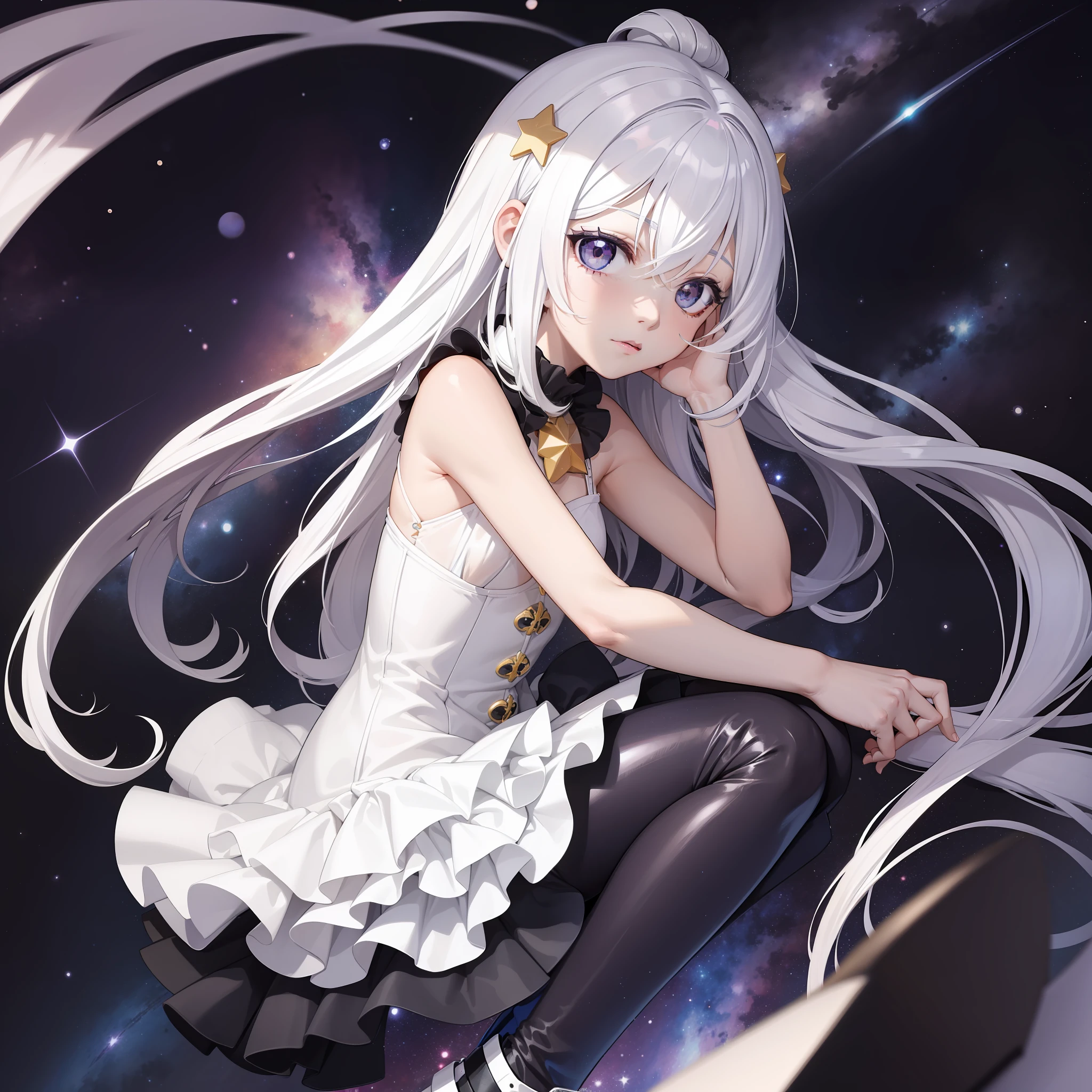 Personagem muito Kwai, with white hair that lights up the galaxy around them, e olhos com pupilas em formato de estrela, roxo, in the fetal position, highlighting hair and the surrounding starry sky