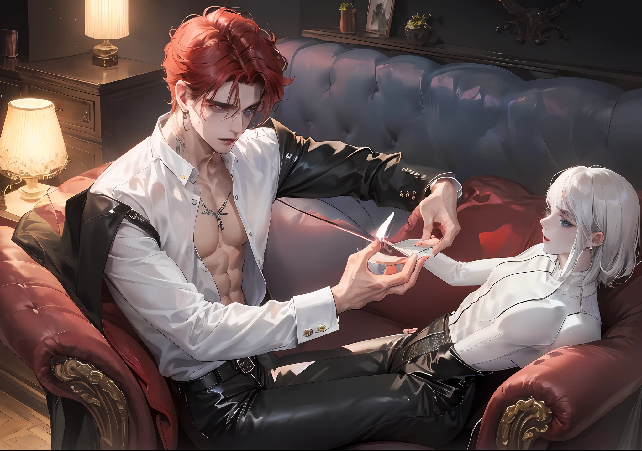 man, vampire, masculine, masculine face, attractive, muscular, ((1man)), masterpiece, absurdres, best quality ,intricate details , (shiny skin, shiny body, shiny oily luster skin, shiny hair, pale skintone), old castle, Sundown, attractive, ((muscular)), adult, one, tattoo in his chest ,black blouse, earrings, black pants, Don't look at the view , Not looking at the view, red short hair, perfect detailed face, perfect detailed hands, vampire fangs, blue eyes, ((MLS)), medium large shoot