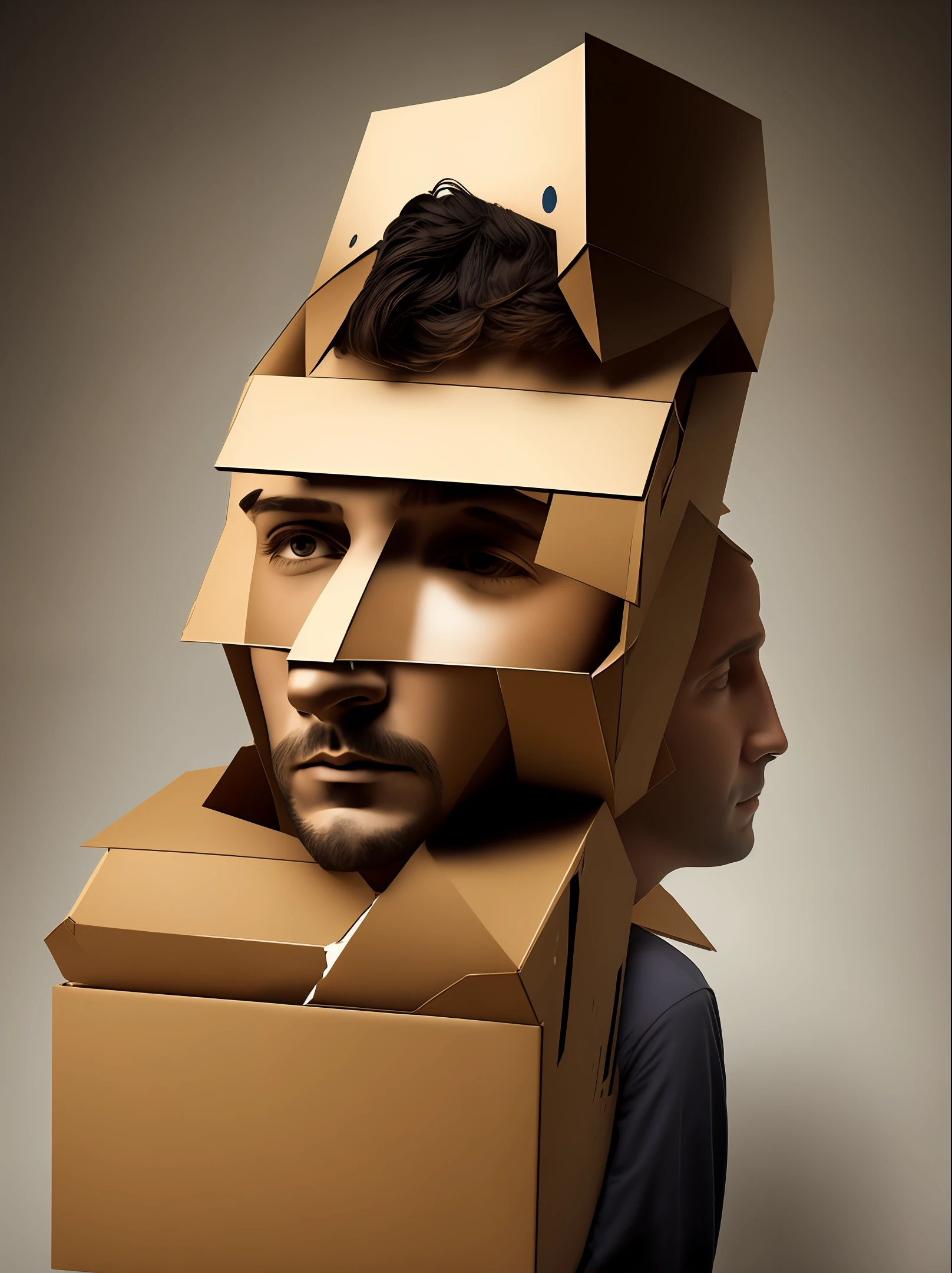 Man with cardboard box on his head, rosto triste, psicodelyc