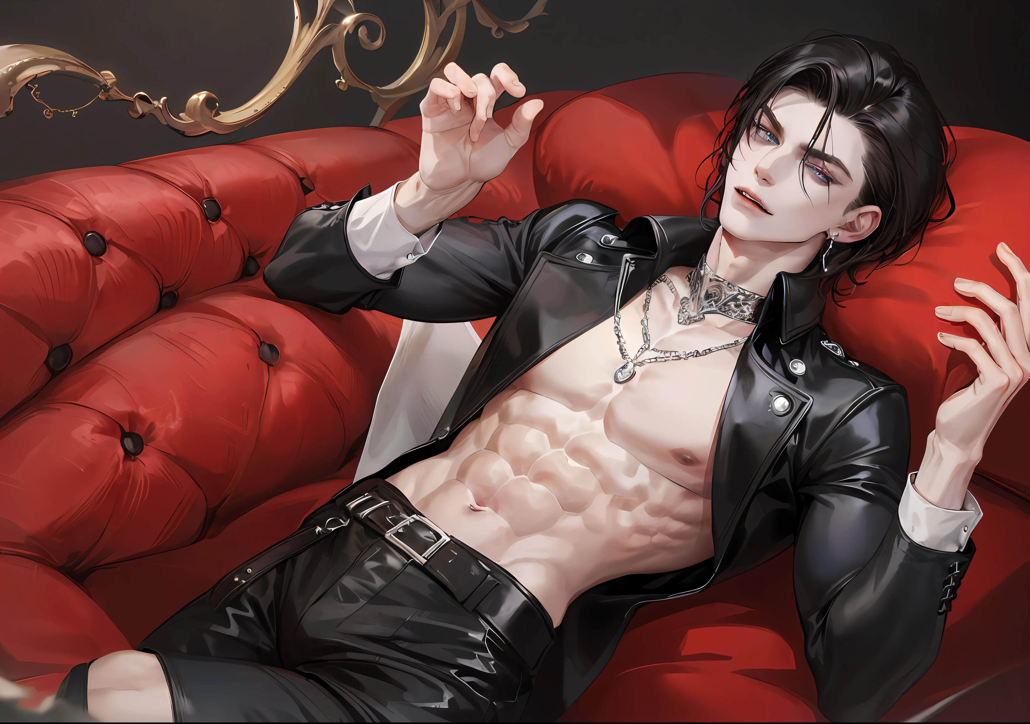 man, vampire, masculine, masculine face, attractive, muscular, ((1man)), masterpiece, absurdres, best quality ,intricate details , (shiny skin, shiny body, shiny oily luster skin, shiny hair, pale skintone), old castle, Sundown, attractive, ((muscular)), adult, one, tattoo in his chest ,black blouse, earrings, black pants, Don't look at the view , Not looking at the view, red short hair, perfect detailed face, perfect detailed hands, vampire fangs, blue eyes, ((MLS)), medium large shoot