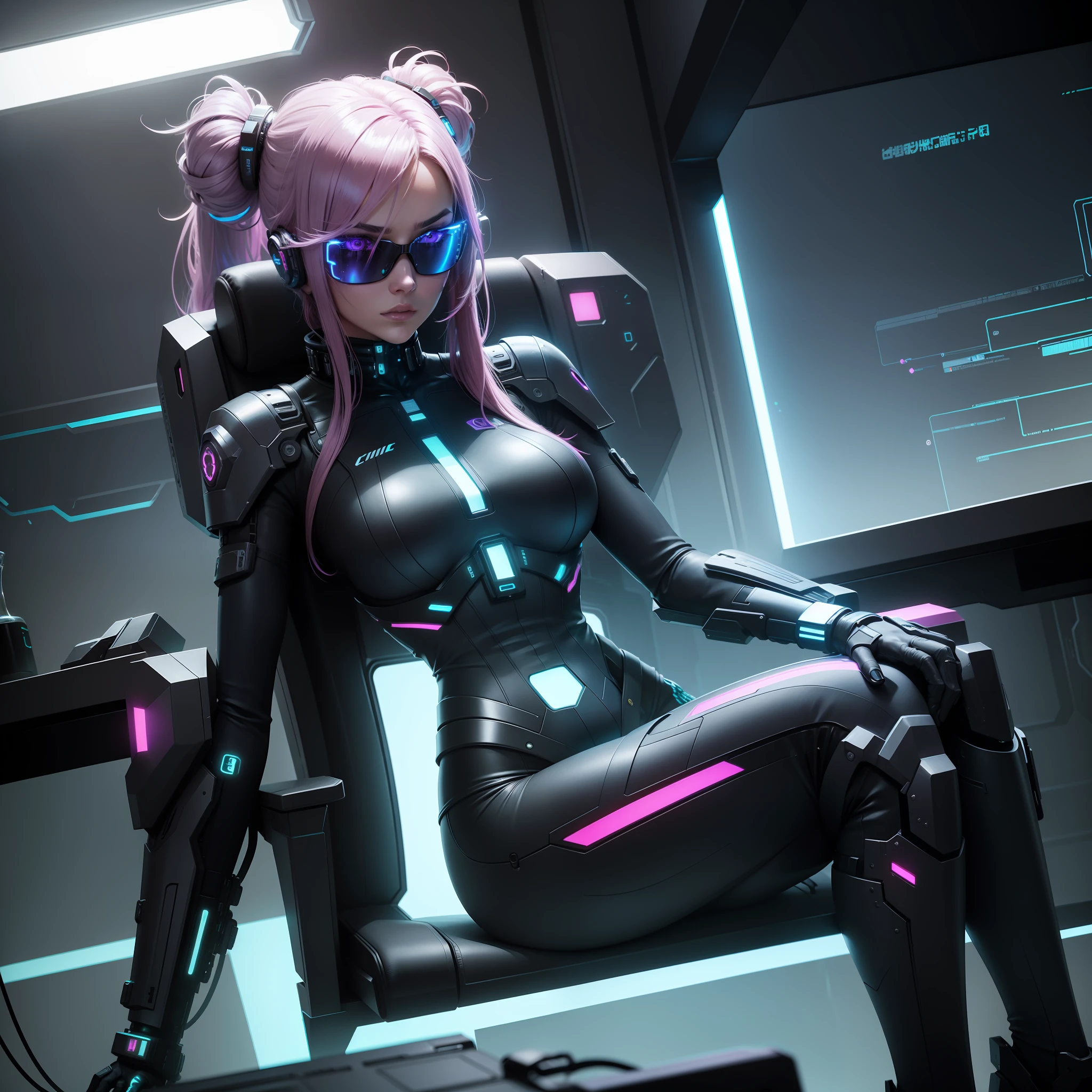 "Please generate an image of a female character inside a spaceship, immersed in a cyberpunk-inspired setting. She is depicted in an anime art style and wears a pair of sleek sunglasses that add an air of mystery.
The character is seated at a high-tech computer console, surrounded by holographic screens and illuminated buttons. The spaceship's interior should have a futuristic aesthetic, with a mix of metallic surfaces, neon lights, and digital displays.
She has long, flowing hair in a vibrant color like neon blue or magenta, styled in a futuristic fashion with glowing streaks or highlights. Her eyes are sharp and intense, reflecting the glow of the computer screens. Please depict her with a determined expression, showcasing her expertise and focus.
Her attire is a blend of futuristic cyberpunk fashion and practicality. She wears a form-fitting bodysuit or jumpsuit with technological accents such as glowing lines, circuit-like patterns, or embedded LED lights. The outfit should have a sleek and streamlined appearance, with a color palette that complements her hair and the overall cyberpunk theme.
To enhance the cyberpunk atmosphere, you can add additional details such as cybernetic augmentations, futuristic jewelry, or visible technological implants integrated into her body.
The spaceship's interior should have a sense of depth and complexity, with cables, wires, and holographic displays extending into the distance. Consider incorporating elements like floating data streams, virtual reality interfaces, or augmented reality visualizations to enhance the futuristic atmosphere.
Finally, don't forget to incorporate the sunglasses. They should be sleek, with a reflective surface that obscures her eyes slightly, adding an enigmatic and cool touch to her character.
Overall, the image should convey a sense of advanced technology, cybernetic enhancements, and a skilled operator navigating the digital realm inside a futuristic spaceship. Please ensure the composition is