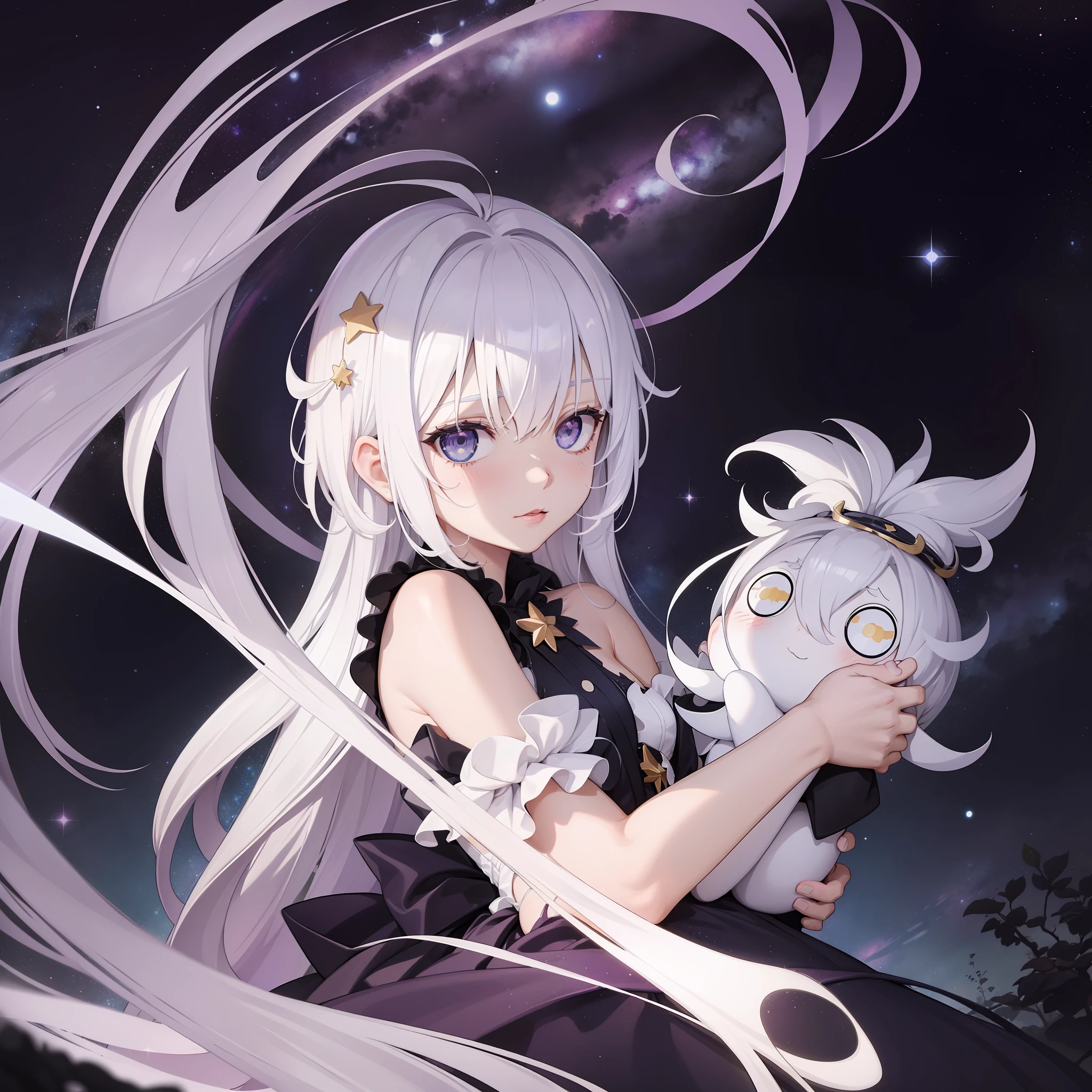 Personagem muito Kwai, with white hair that lights up the galaxy around them, e olhos com pupilas em formato de estrela, roxo, in the fetal position, highlighting hair and the surrounding starry sky