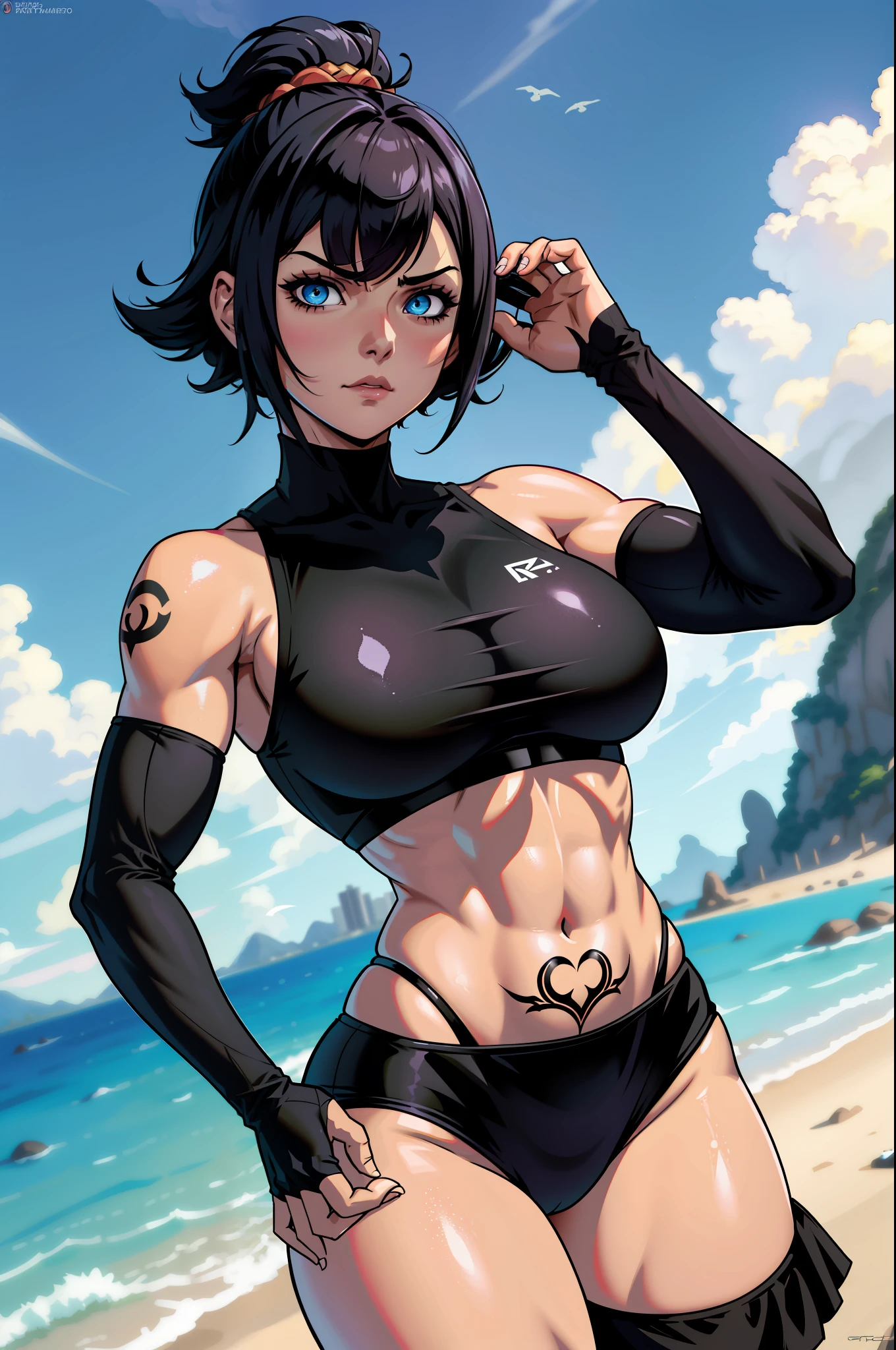 1 girl alone, sozinha, cabelu curto, cabelo preto, olhos azuis, Garota de anime com tatuagens posando em uma roupa preta em uma cidade, roupa fitness, roupa de exercicios, bikini, arte digital de anime, garota anime , de anime feminino, arte de anime , muscular!, big oppai , Ilya Kuvshinov, badass anime 8 k, arte de anime,