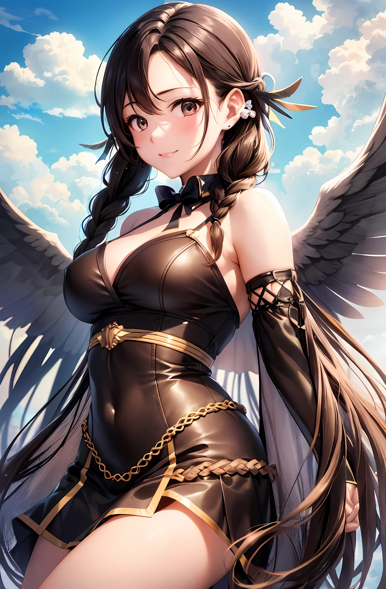 the highest quality、Ultra High Res、(photorealistic:1.4)、Japaneses、charming face。Model Face。braids。slender。a smiling look、BIKINI、beautiful detail、Brown face。Light brown hair。Brown hair。Big Boobs。Mini skirt。ear ring。Raking up your hair。Detailed details。vivid。realistic details。lifelike。Fly in the sky。Fly freely in the sky。Dance Void Technique。Float in the air。Abilities。Competent people々。Fly with outstretched hands。Flying in the air。Fly with legs stretched。Floating in the air。large wings on the back。Above the clouds。Clouds around。Mass of clouds。woman with braided brown hair, traditional female hairstyles, long braided hair pulled back, pigtails hairstyle, long flowing braided hair, long braided hair on top of head, complex braided hair, long dark braided hair, braided brown hair,Feathers on the back。Wings。feather。Wings of an Angel。
