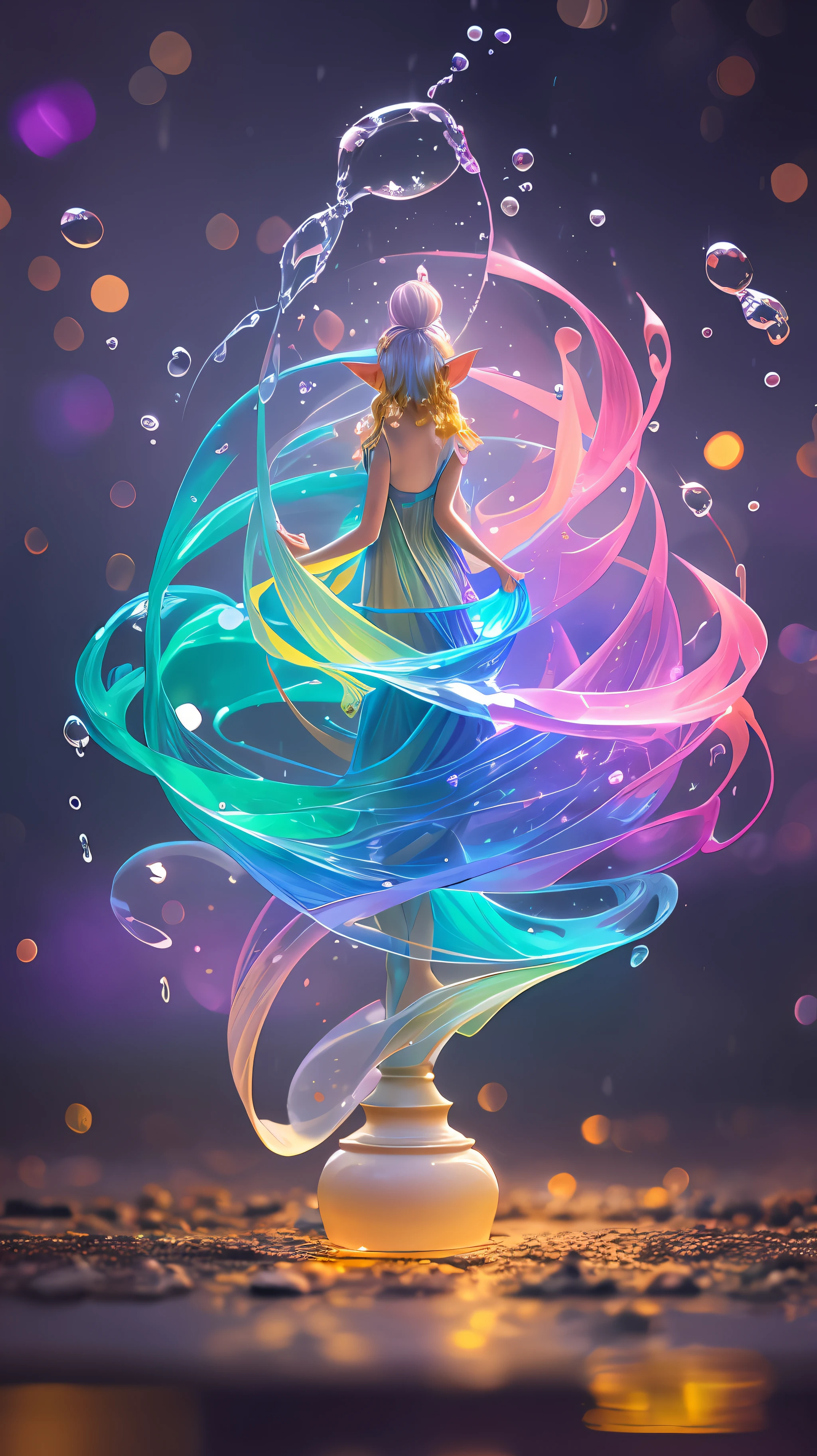 fine art masterclass splash spray trickle daubs of rainbow opaline Prisma Sakuraoil color,Dieselpunk celestial ethereal ghostly elf, HDR, ultra high-detail, centered, bokeh, lens flare, foggy dusk, bloom, light bloom, cinematic lighting, high dynamic range, depth of field, full contrapposto
