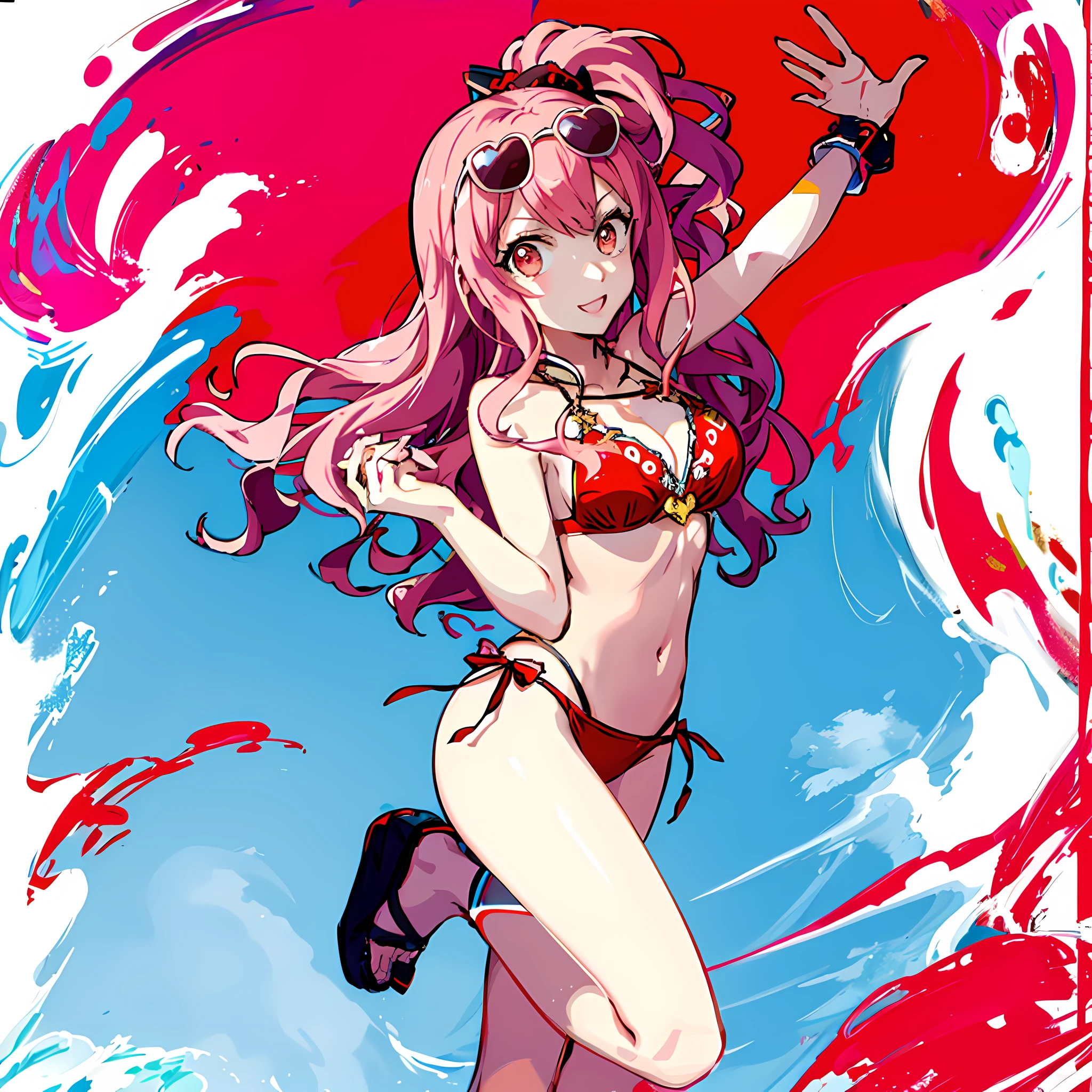 Anime girl in bikini with guard-Red rain and blue sky background, Arte de splash do delta do Macross, Delta de Macross, ( anime), Marin Kitagawa Fanart, Junko Enoshima, anime moe artstyle, menina sedutora, lolish, peitde biquini. fundo do inferno. sangue coagulado, Ann Takamaki de Persona 5, Do videogame Azur Lane