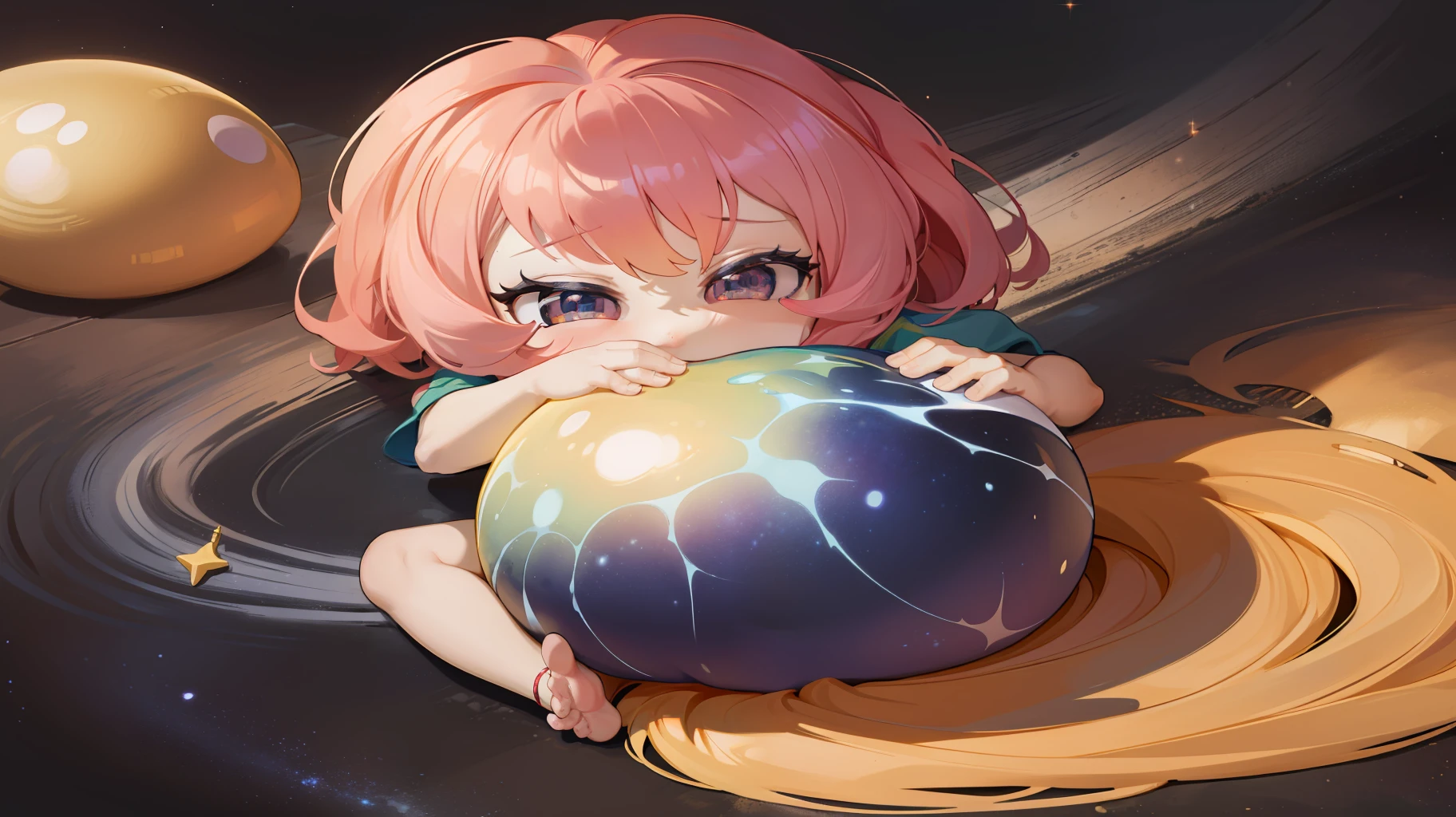 Personagem de olhos coloridos que se destacam, Lying on the galaxy in fetal position, segurando um ursinho, characteristics of , Kwai, e cabelos brancos