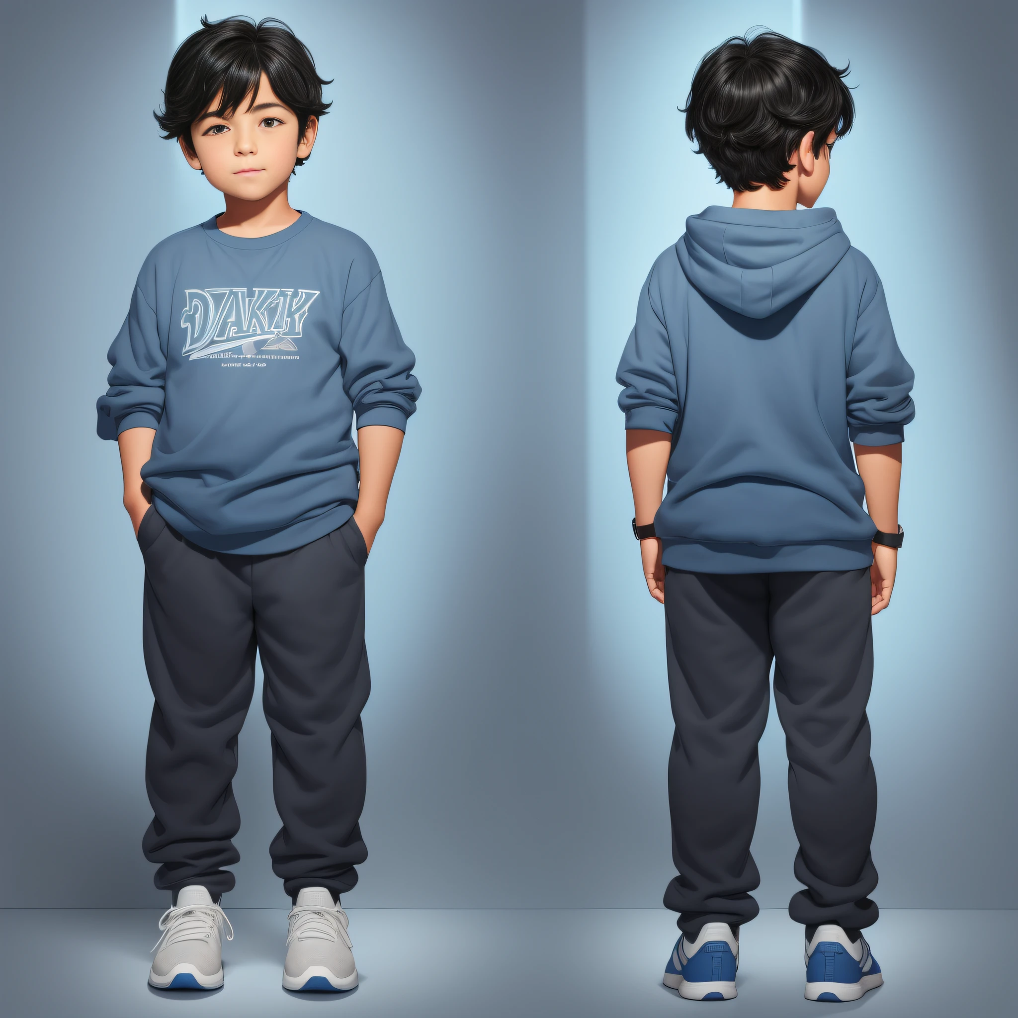 An 8--old  with messy black hair, fair skin, and chubby cheeks. He wears gray sweatpants, plain blue shirt, blue shoes. Bluish backlight effect. Disney illustration style. Character poses from the back. Backwards.