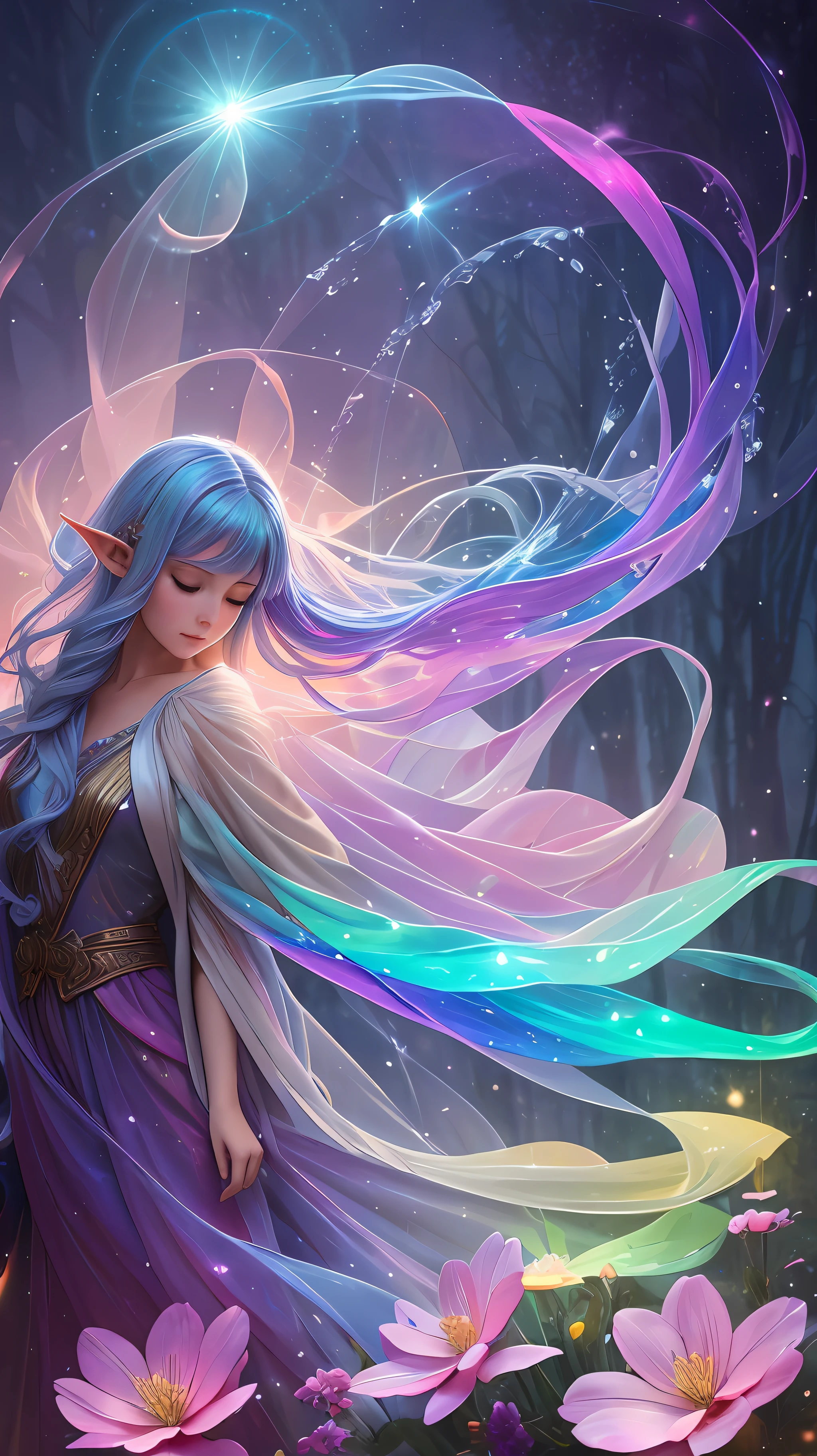 fine art masterclass splash spray trickle daubs of rainbow opaline Prisma Sakuraoil color,Dieselpunk celestial ethereal ghostly elf, HDR, ultra high-detail, centered, bokeh, lens flare, foggy dusk, bloom, light bloom, cinematic lighting, high dynamic range, depth of field, full contrapposto