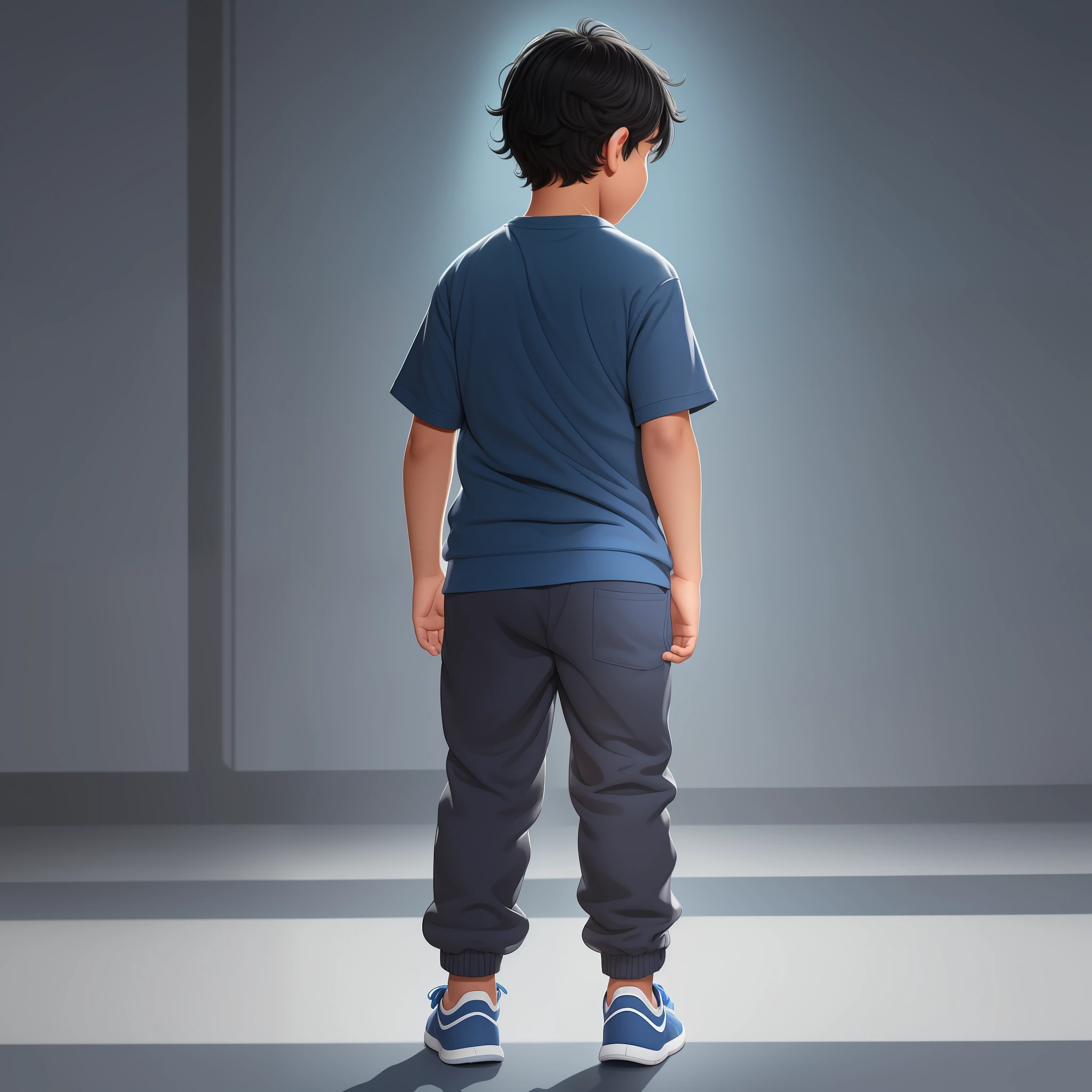 An 8-year-old boy with messy black hair, fair skin, and chubby cheeks. He wears gray sweatpants, plain blue shirt, blue shoes. Bluish backlight effect. Disney illustration style. Character poses from the back. Backwards.