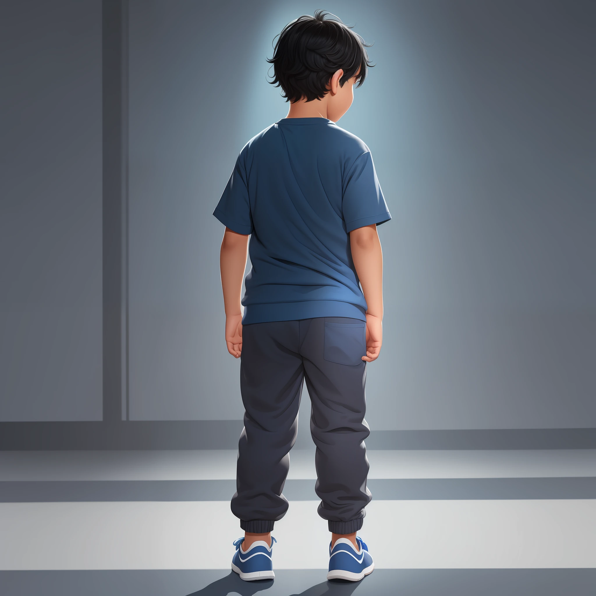 An 8--old  with messy black hair, fair skin, and chubby cheeks. He wears gray sweatpants, plain blue shirt, blue shoes. Bluish backlight effect. Disney illustration style. Character poses from the back. Backwards.