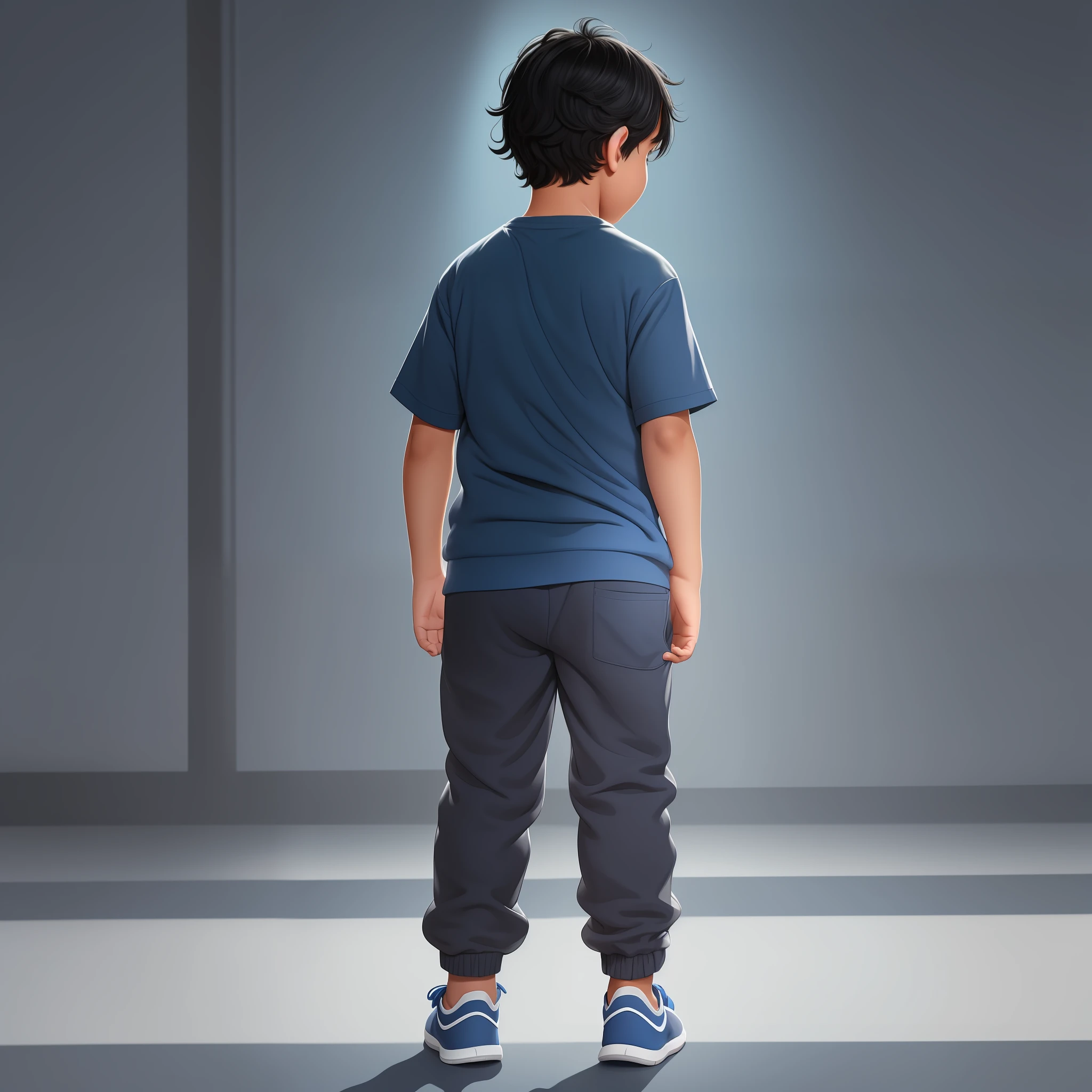 An 8-year-old boy with messy black hair, fair skin, and chubby cheeks. He wears gray sweatpants, plain blue shirt, blue shoes. Bluish backlight effect. Disney illustration style. Character poses from the back. Backwards.