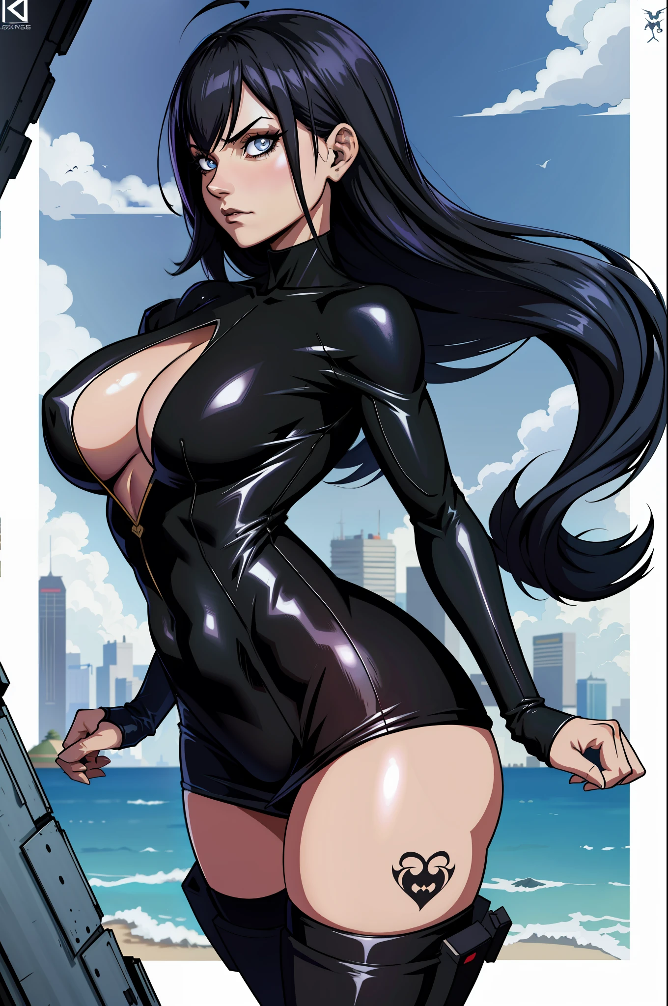 1girl, cabelo curto, cabelo preto, olhos azuis, Garota de anime com tatuagens posando em uma roupa preta em uma cidade, arte digital de anime, garota anime sexy, de anime feminino, arte de anime , muscular!, big oppai , Ilya Kuvshinov, badass anime 8 k, arte de anime,