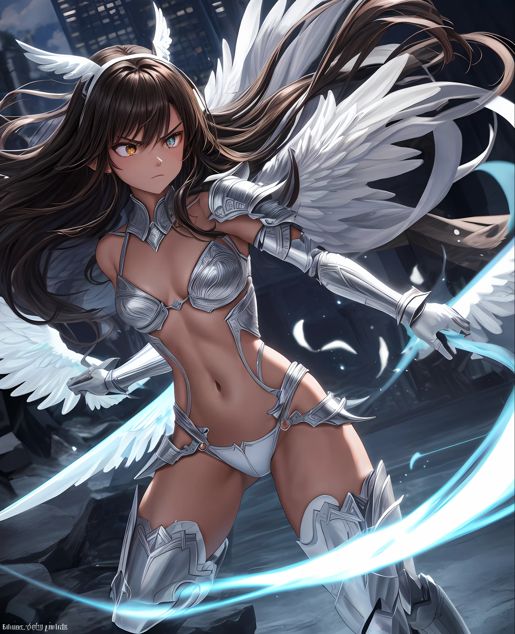 fantasy, 1angel_garl、, low_TEEN, Brown_haired、, medium_bob_haired、,longer_bangs, (dark_skin)+, bare_shoulder, navel out, thights,silver_shiny_armor, white_clothes,waist_armor, Glebe, hold_shiny_swords, medium_s chest, Angry, dynamic_posing_fighting,Floating, (1pair_white_Wings,pelvic_curtains,)++, headgear ,city_sky_back graund,,slightly_spread_legs, multiple_shiny_swords_floating_around_the_garl、