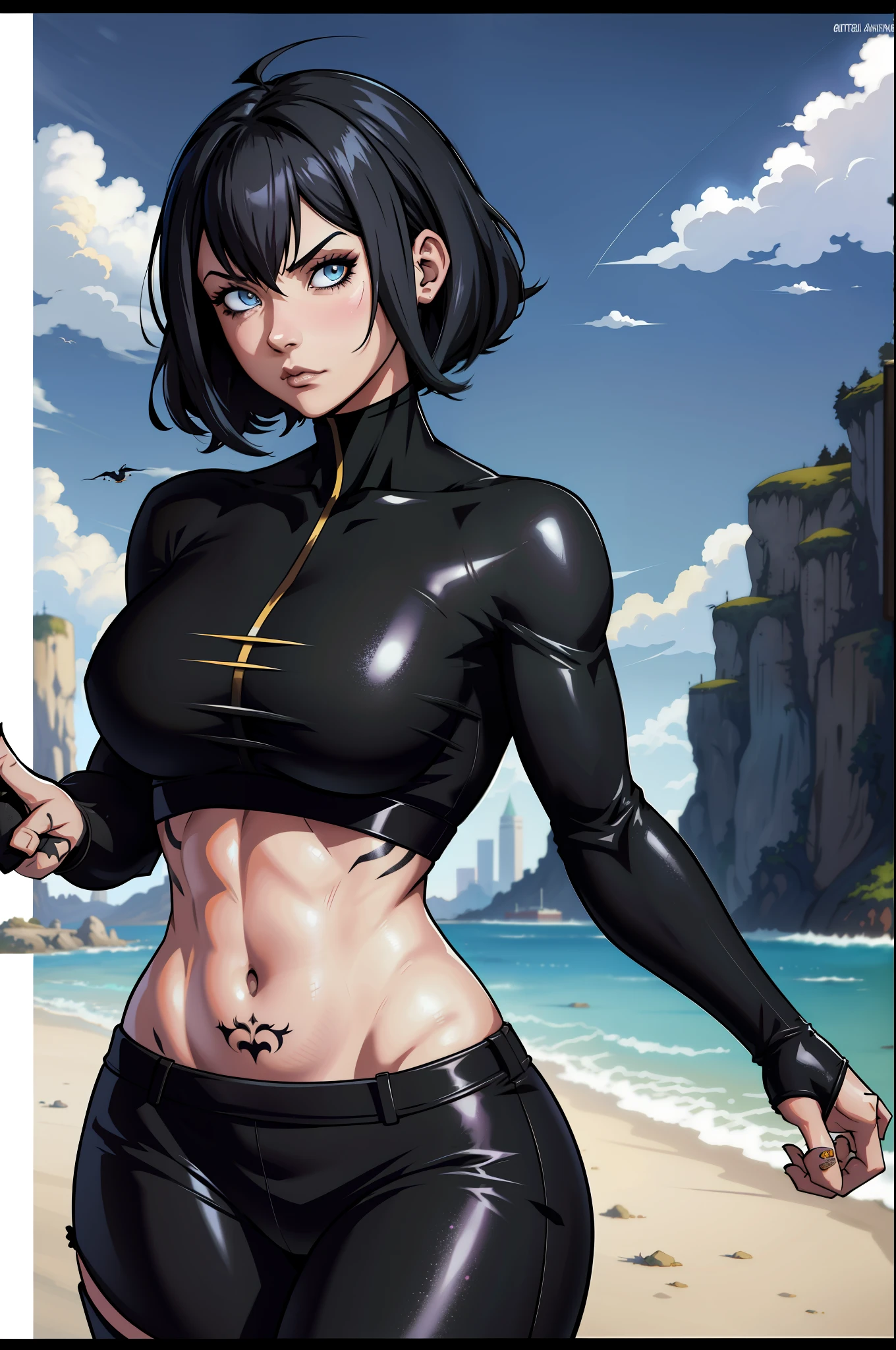 1girl, cabelo curto, cabelo preto, olhos azuis, Garota de anime com tatuagens posando em uma roupa preta em uma cidade, arte digital de anime, garota anime sexy, menina de anime feminino, arte de anime , muscular!, big oppai , Ilya Kuvshinov, badass anime 8 k, arte de anime,