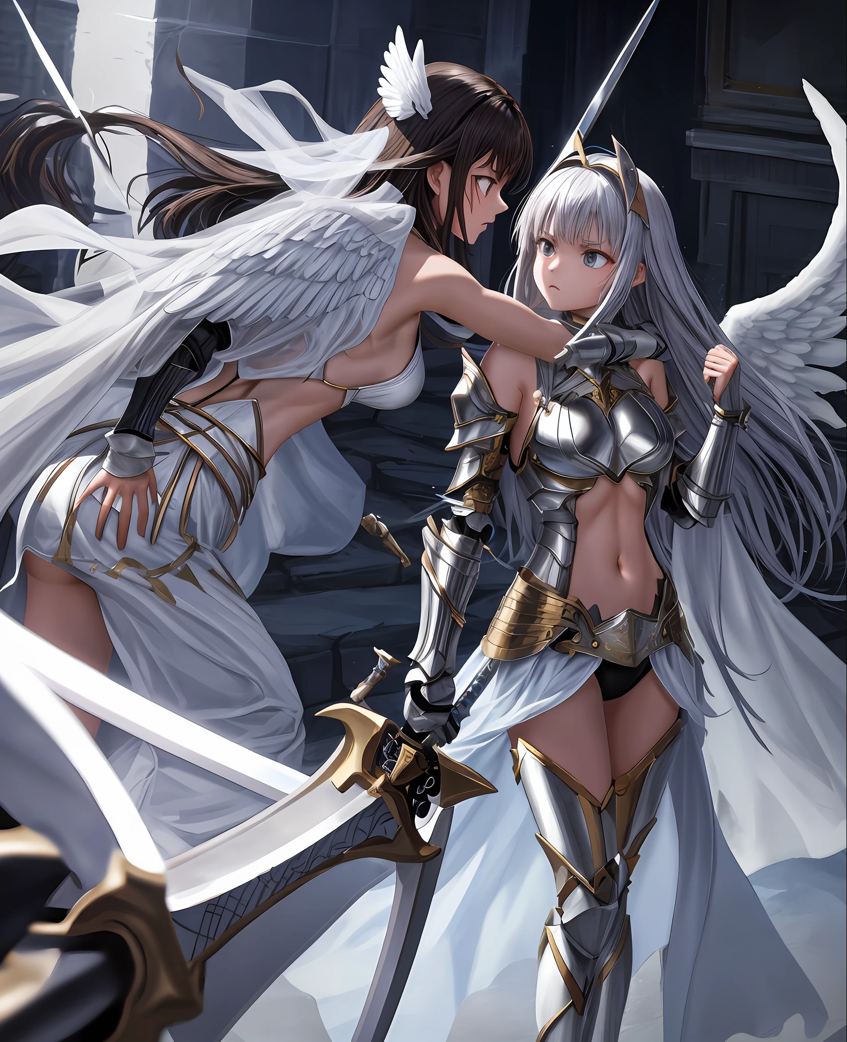 fantasy, 1angel_garl、, low_, Brown_haired、, medium_bob_haired、,longer_bangs, (dark_skin)+, bare_shoulder, navel out, thights,silver_shiny_armor, white_clothes,waist_armor, Glebe, hold_shiny_swords, medium_s chest, Angry, dynamic_posing_fighting,Floating, (1pair_white_Wings,pelvic_curtains,)++, headgear ,city_sky_back graund,,slightly_spread_legs, multiple_shiny_swords_floating_around_the_garl、