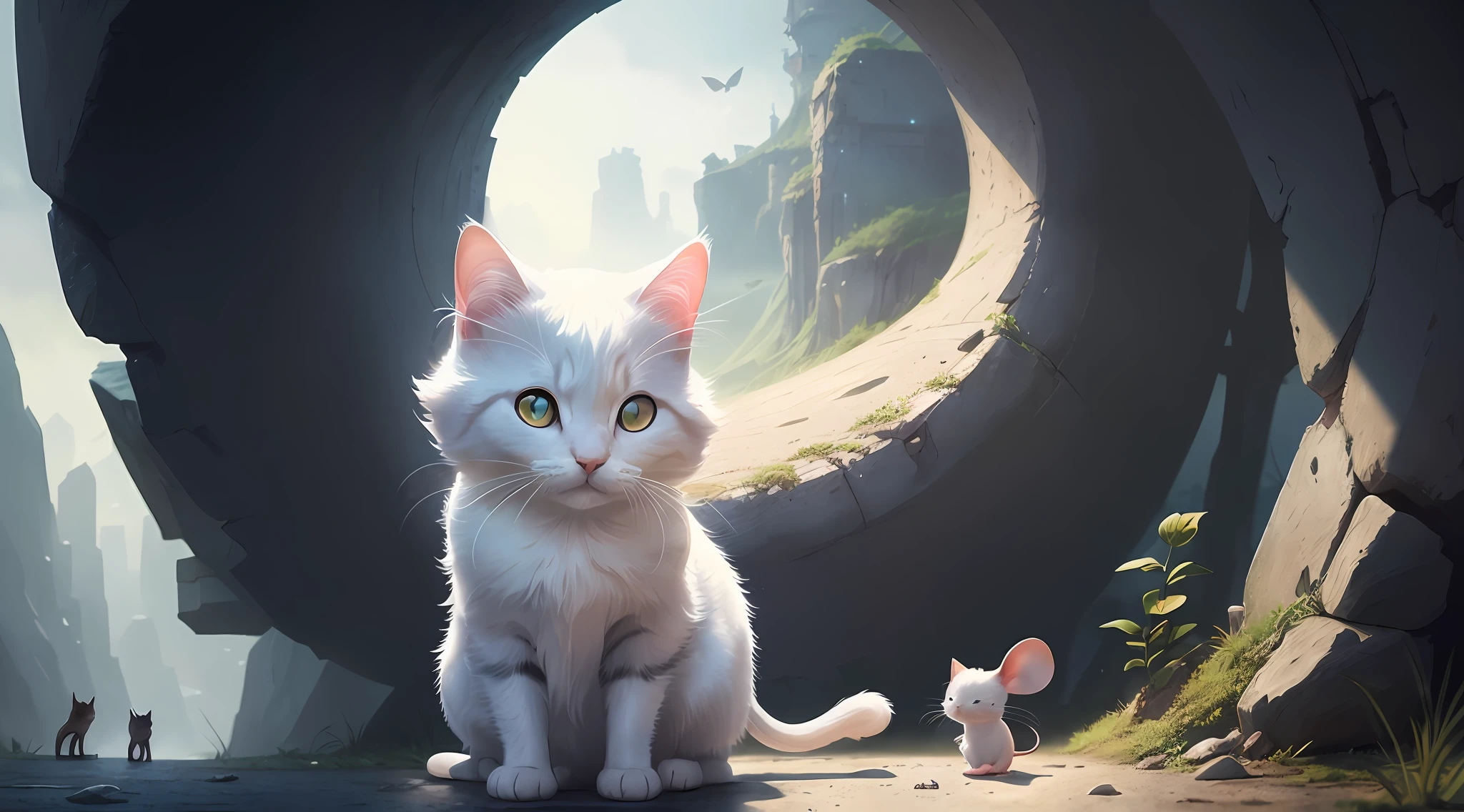 there is a cat sitting in front of a small mouse, adorable digital painting, fantasy matte painting,cute, ross tran 8 k, wlop and ross tran, cute detailed digital art, realistic anime cat, anime cat, anime visual of a cute cat, furry fantasy art, 4k highly detailed digital art, art of wlop and greg rutkowski