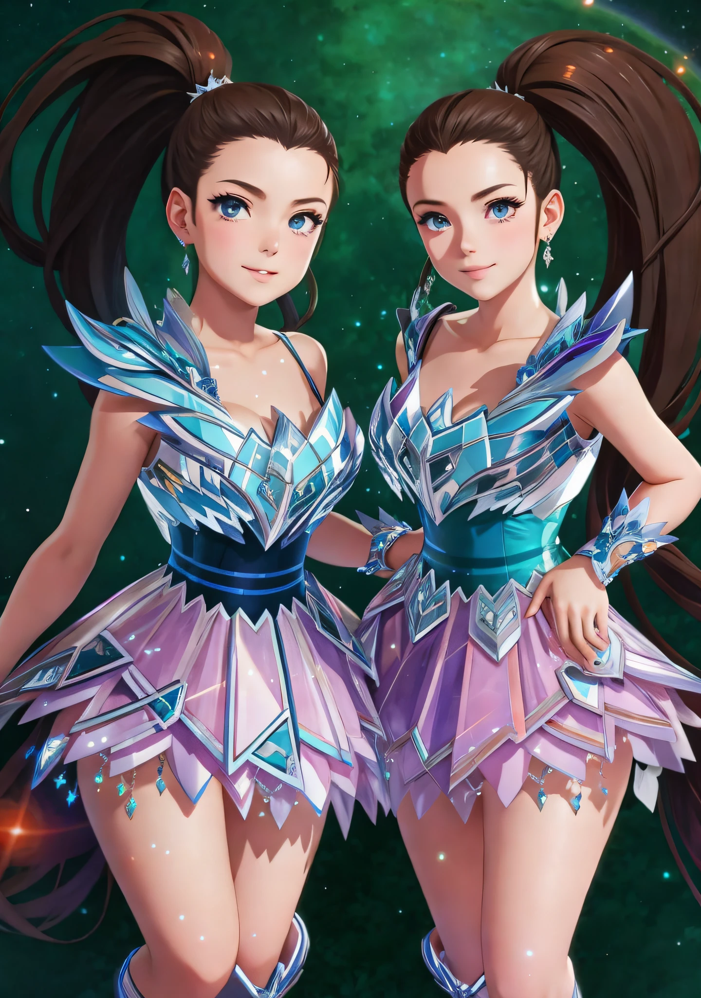 two anime girls dressed in blue and purple dresses standing next to each other, arte oficial, armadura de cristal de gelo, pele cristalina, arte oficial altamente detalhada, fanart oficial, simetria!! arte conceito, fanart requintada altamente detalhada, usando armadura de diamante, arte oficial do anime, bela sci - Fi, gemini, beautiful gemini twins, capa de anime, epic tale of the twin sisters