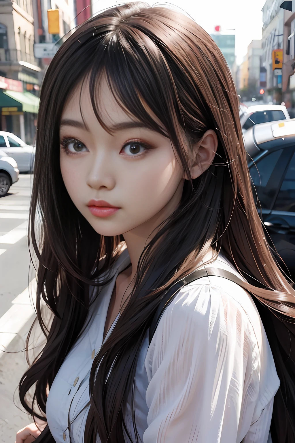 beautiful girl, asian, face like anime character face,long hair,brown