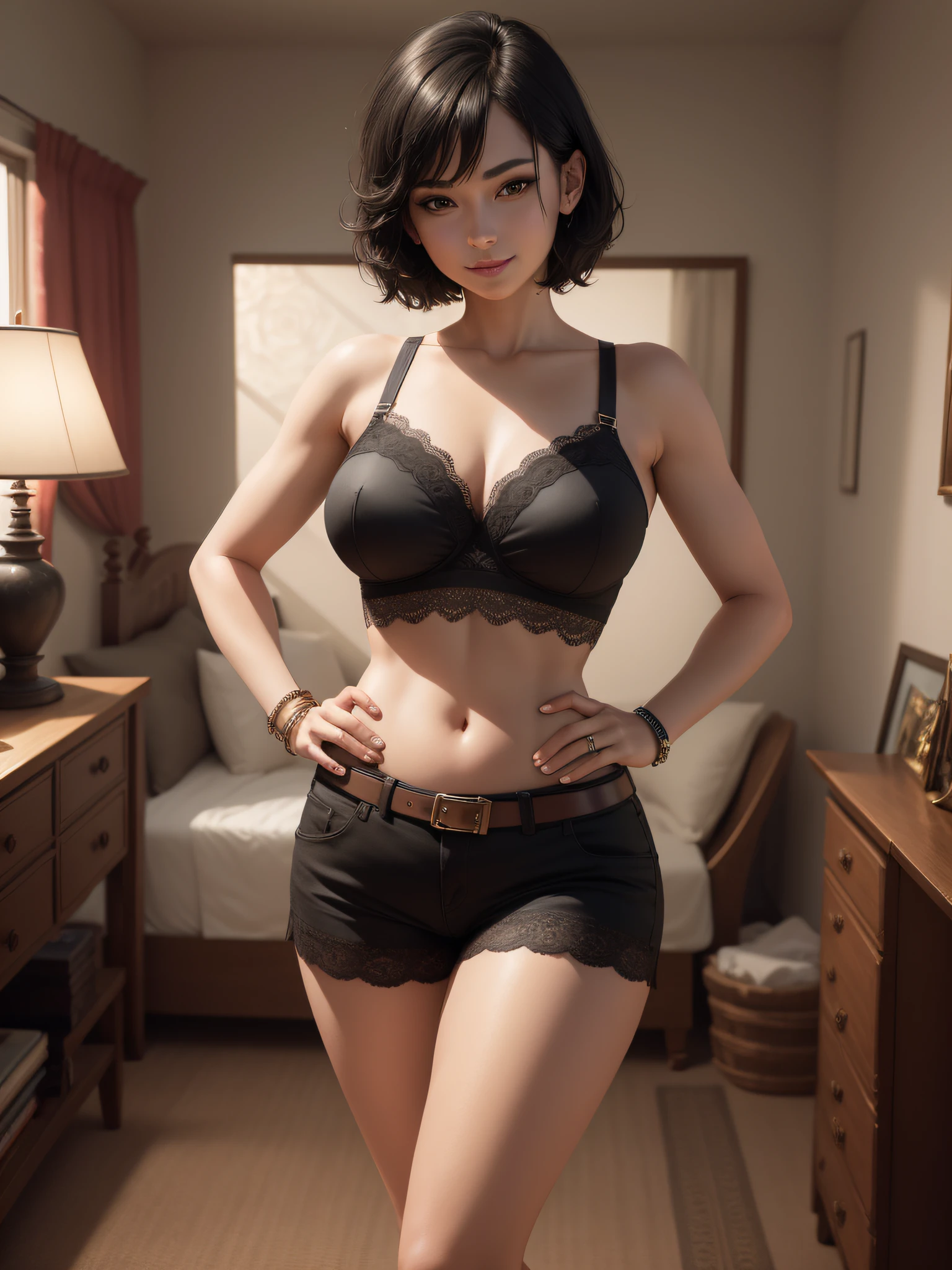 Complete art masterpiece, high quality, ultra detailed in 4k, 8k, high resolution, hyper-realistic photo, hyper-detailed, realistic skin texture, amazing shadows, extremely detailed texture, perfect lighting, high-level image quality. A female model, (Fair skin, short black hair, full smile, outlined eyes, outlined face, bracelet, Full body), wearing an elegant bra and shorts, waist belt, posing with hands on hips, bedroom background with roses
