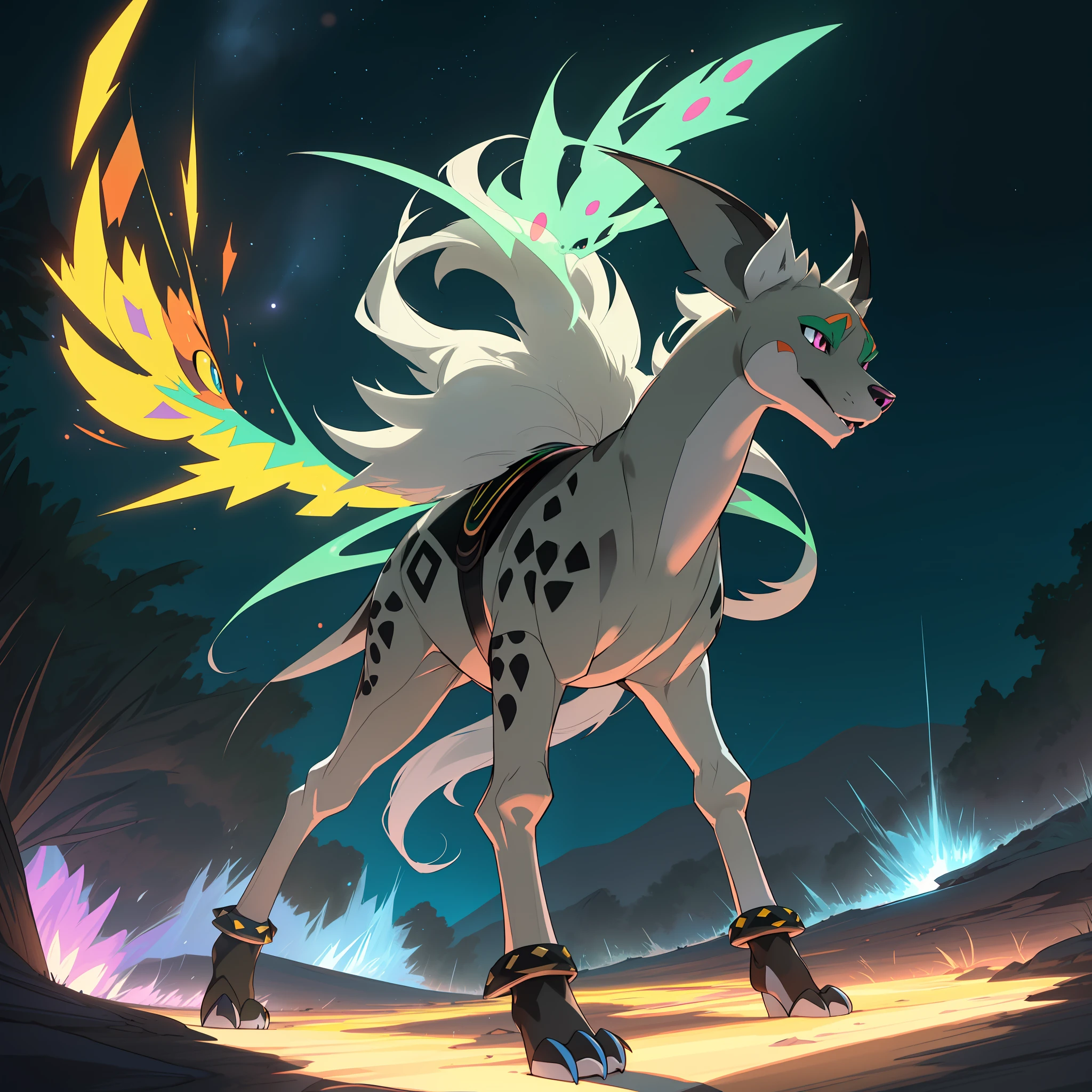 ((Pokémon)) A Pokemon with the physical characteristics of a hyena,tipo siniestro Pokemon. ((Tiene el rostro dibujado representando a una calavera mexicana)) y ojos brillantes, Su pelaje es una mezcla de ((Verde profundo y gris plateado)). Su larga cola termina en una flecha puntiaguda, and it has sharp claws on its hind feet for swift movement. The Pokémon is in front of a glowing portal, Sus ojos enfocados hacia adelante, as if on a mission to another world. ((Obra de arte)) ((Simetrico)) ((psicopata y intimidante)) ((caminando en cuatro patas)) ((piernas simetricas)) ((4k)) ((High resolution)) ((Disco duro)) ((legendario)) ((imagen brillante)) ((cuatro patas)) ((caminando en cuatro)) ((estilo de dibujo de Ken Sugimori)) ((intimidante)) ((garras afiladas))((agresivo))