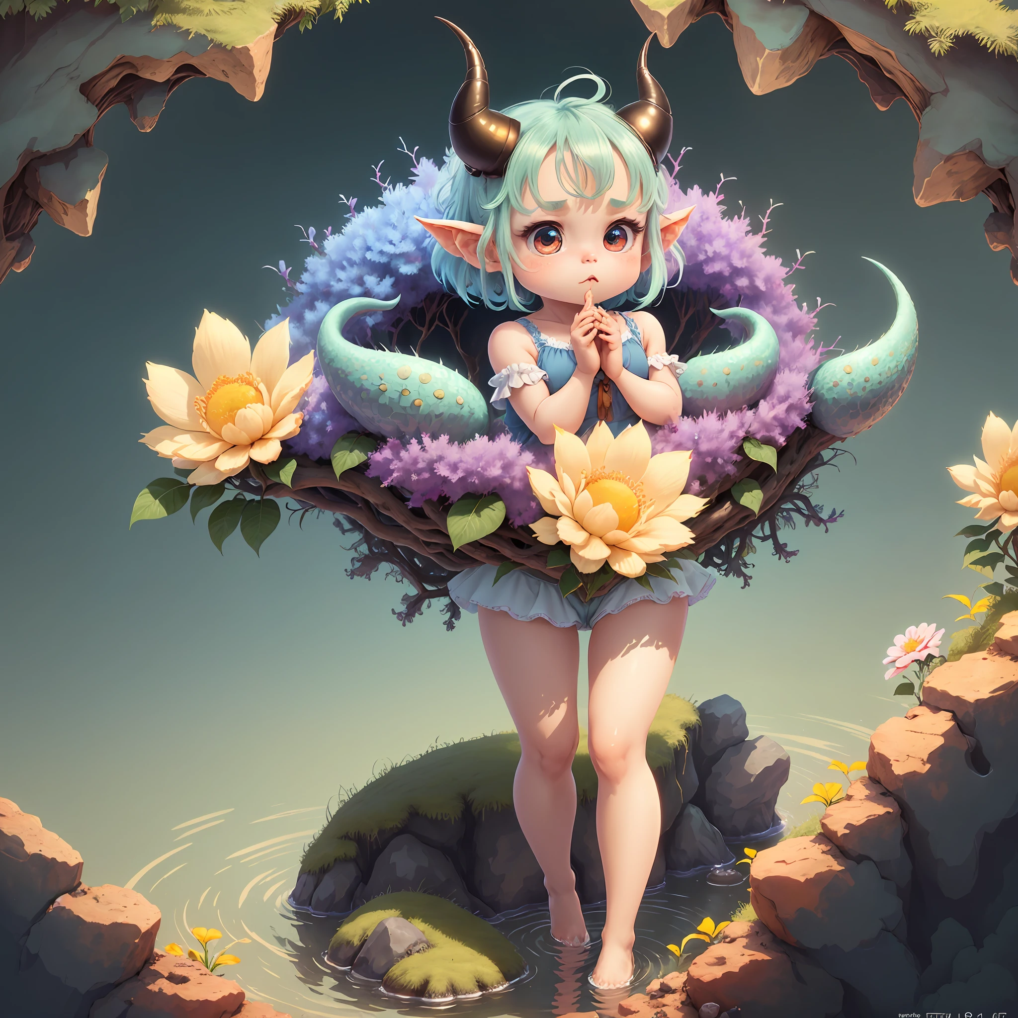 (extremely cute and delicate CG illustration, ultra-detailed and ultra-high quality), best illumination, best shadow, an extremely cute and adorable cu73cre4ture (agama), with big round eyes and a small cute mouth, small horns on its head, vibrant and vivid colors, dynamic angle, dynamic pose, floating, in a magical and enchanting place, with lush vegetation and vibrant flowers.