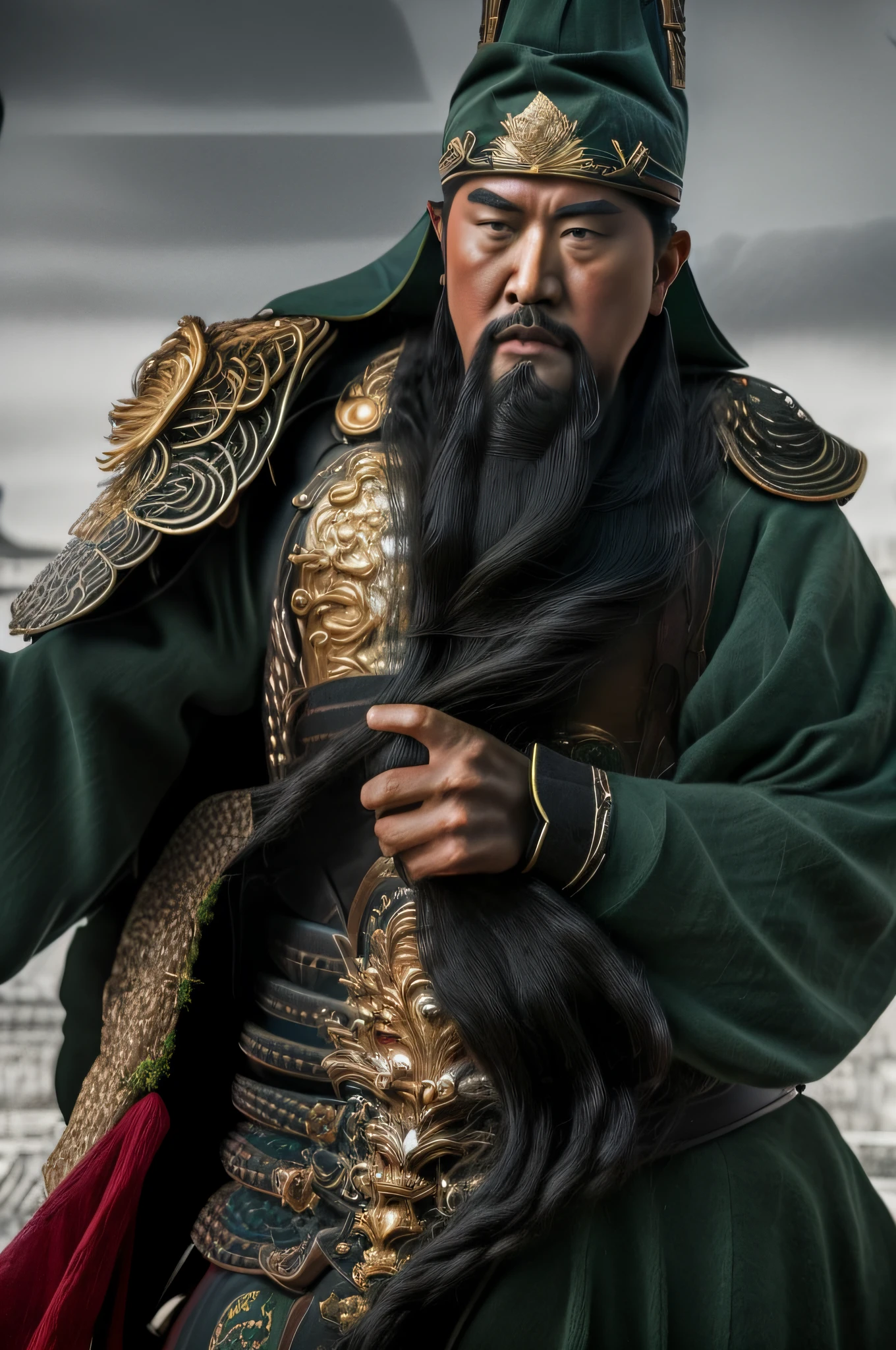 The whole body, including the crown of the head, is in the picture, (green clothes, fearless and intelligent face, (colored skin), (waist-length, heavy black beard): 1.2), (clothes of the Three Kingdoms era: 1.2), long pants, (insanely detailed, bloom: 1.5), (best quality, photo, 4K), (photo: 1.2), (high sharpness), (detailed pupil: 1.1), (photo: 1.1), detailed face and eyes, Masterpiece, Top Quality, (HD Photo:1.1), 8k, Photorealistic, (Black Hair Color), (pureerosface_v1:0.2), [:(More Face:1.2):0.2], Sharp, Real, Real Shadow, (Chinese Castle Background: 1.2), Guan Yu alone.