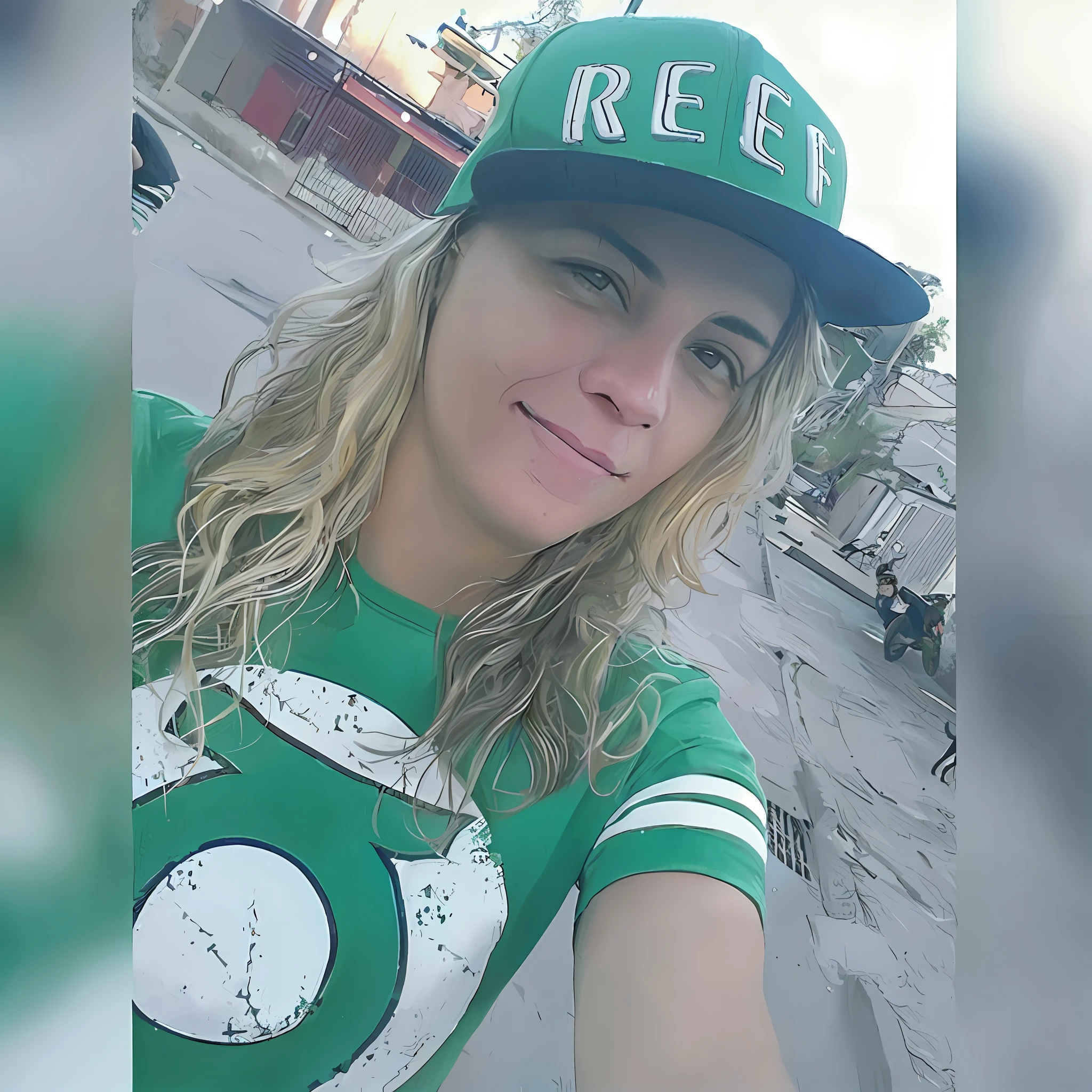 arafed woman in a green shirt and a green hat taking a selfie, 30-ano-Mulher velha de Cuba, Marischa Becker, green hat, fernanda suarez, Andrea Rocha, usando um t de maconha - camisa, maconha, Lorena Avarez, camisa verde, Direction: Amelia Pelaez, vestindo roupas verdes, roupas verdes