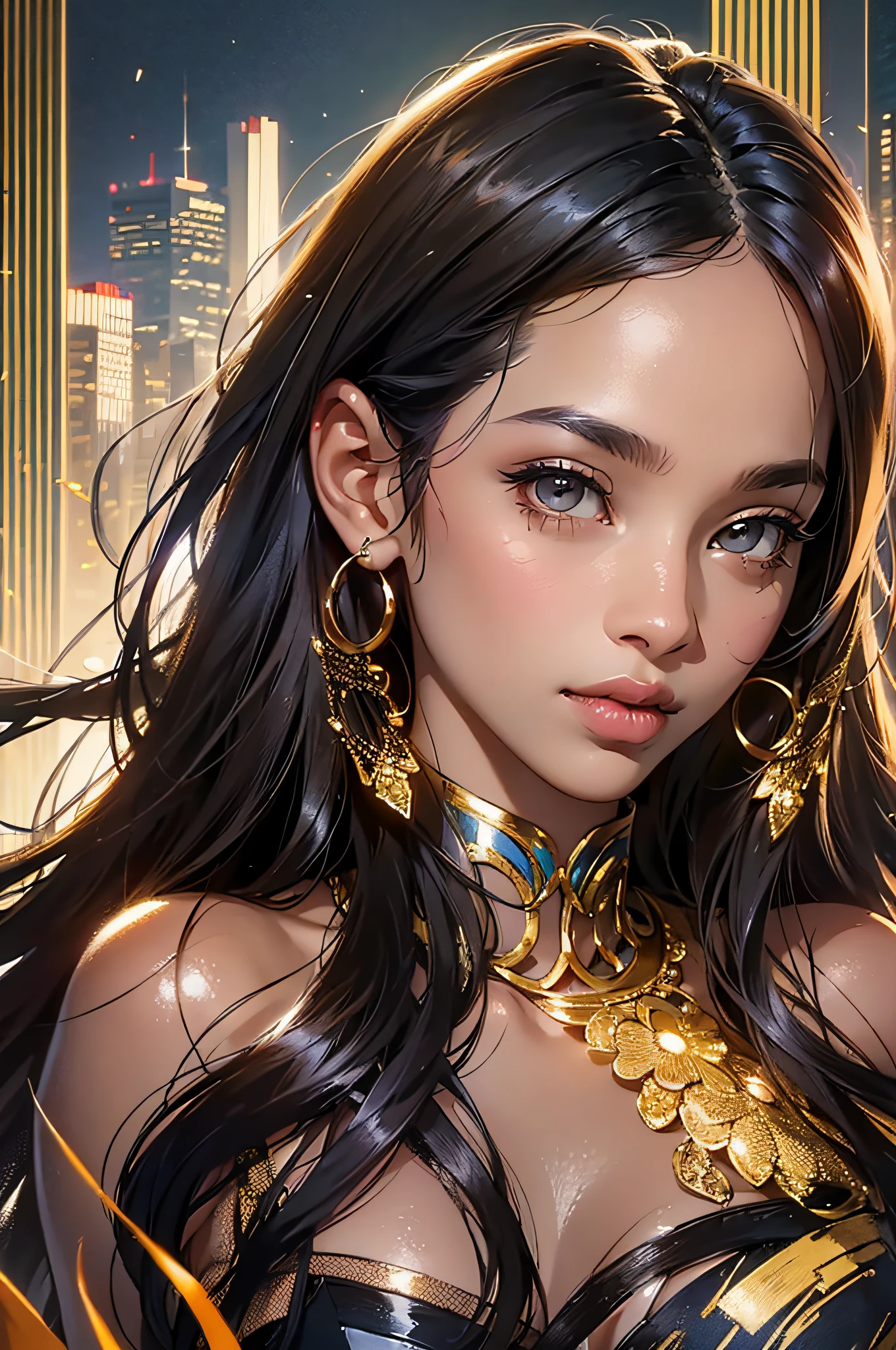 2d, cheDark Fantasy,(masterpiece, best quality, ultra-detailed, highres, best illustration),perfect face, ((solo, solo focus)),sidelighting, lustrous skin,(bloom), (shine), ray tracing,1girl, solo, dark skin, no jewelery, dark-skinned female, multicolored hair, lips, blond hair, upper body, brown eyes, breasts, bare shoulders, hair ornament, makeup, long hair, black hair, very dark skin, dreadlocks,depth_of_field, city background,very detailed background,extreme light and shadow,(detailed eyes), (beautiful) beautiful detailed eyes, perfect lighting , perfect anatomy,(extremely detailed illustrated 8k wallpaper),(masterpiece), (best quality), (ultra-detailed), (best illustration),(best shadow), vivid colors, portrait, shoulder, half body