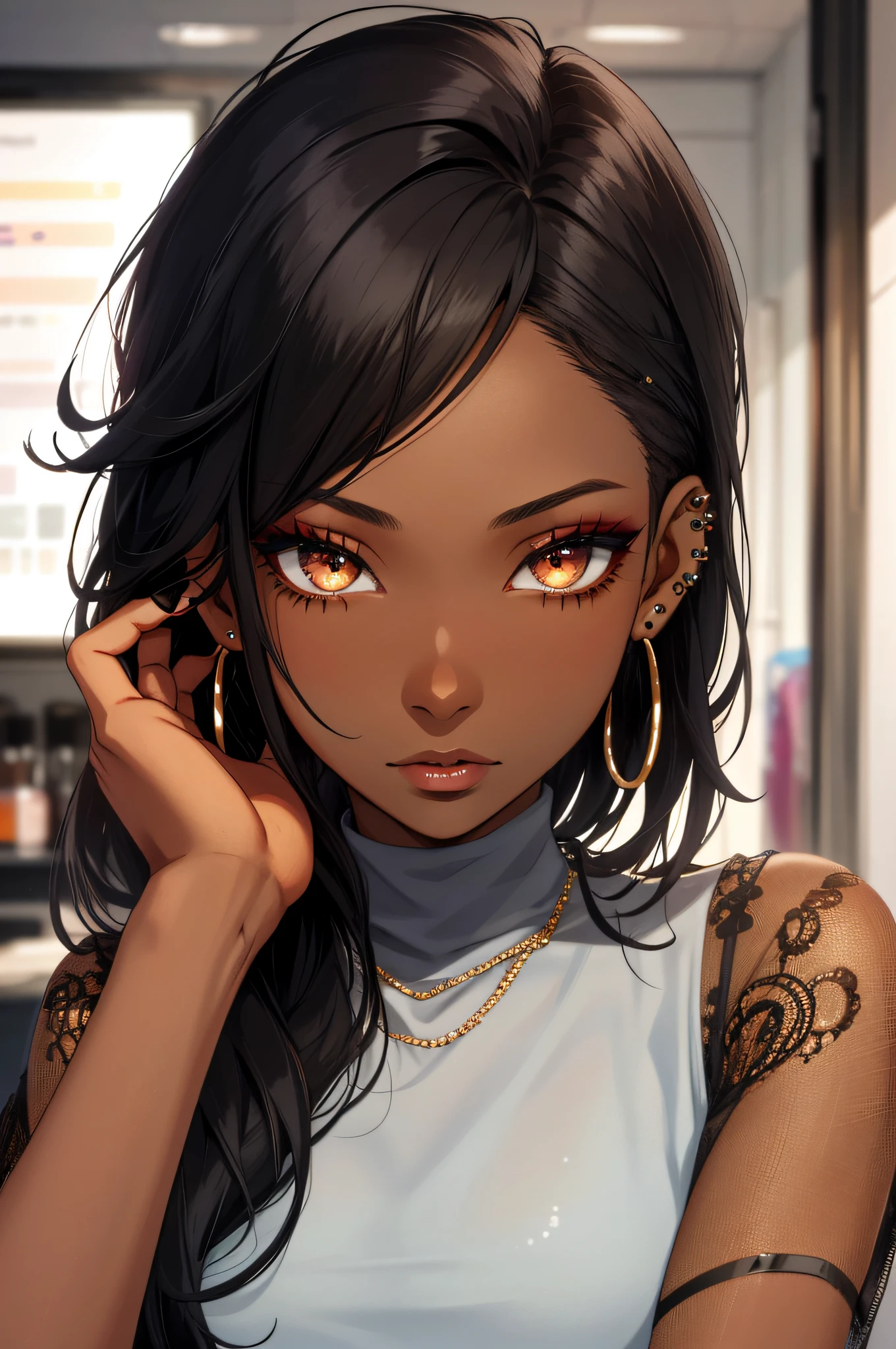 1girl, asymmetrical_hair, black_hair, dark-skinned_female, dark_skin, ear_piercing, earrings, eyeshadow, jewelry, lips, long_hair, looking_at_viewer, makeup, mole, mole_under_eye, nose, piercing, realistic, solo, stud_earrings