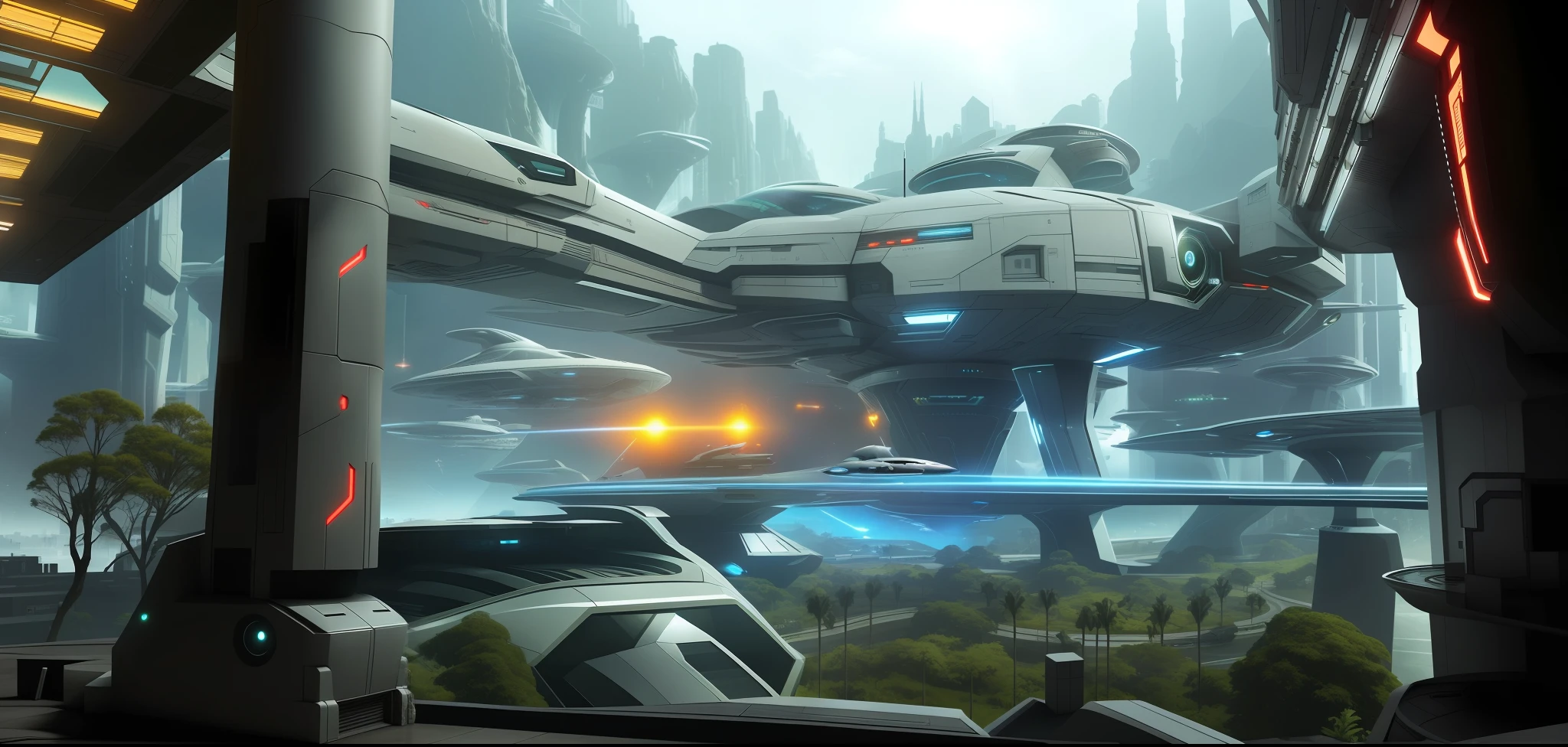 Cidade futurista com arquitetura futurista e luzes futuristas em um ambiente futurista, em 2 0 5 5, Porto espacial futurista, arte conceitual futurista, Sci-fi hollywood arte conceitual, Arte conceitual do futuro, futuristic utopian city, ambiente futurista, Sci-fi pintura digital, future science fiction. Jogo CG, star citizen concept art, sao paulo in the year 2 0 7 0