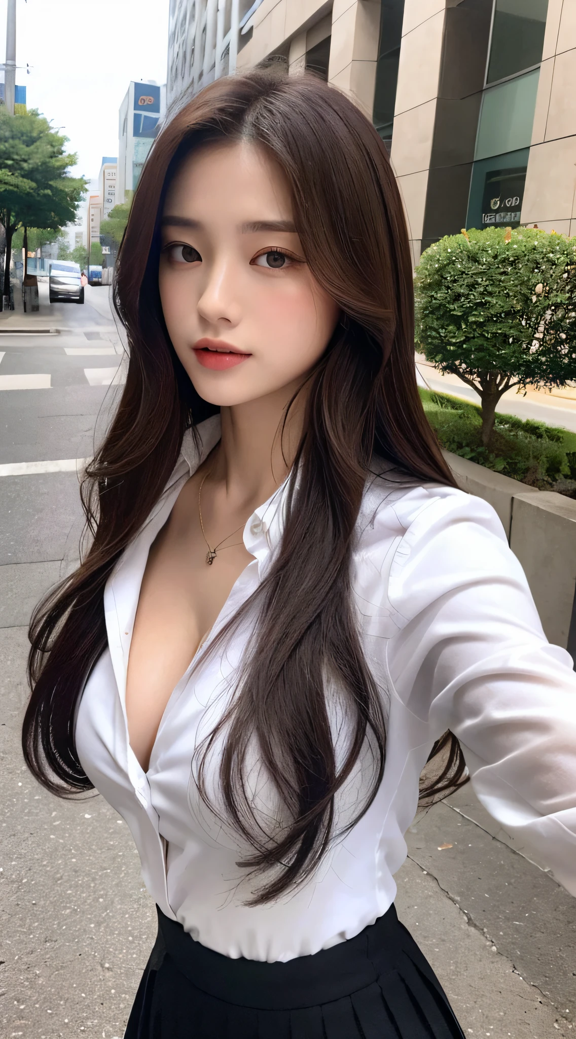 (Bestquality,high resolusion,a masterpiece:1.3),Unfastened buttons,A tall and pretty woman,Slender Abs,Dark brown hair in loose wavy styling,breast cleavage,White button up shirt,black pleated skirt,(Modern architecture in background),The details in the facial and skin textures are beautifully rendered,Detailed eyes,Double eyelidd,from above