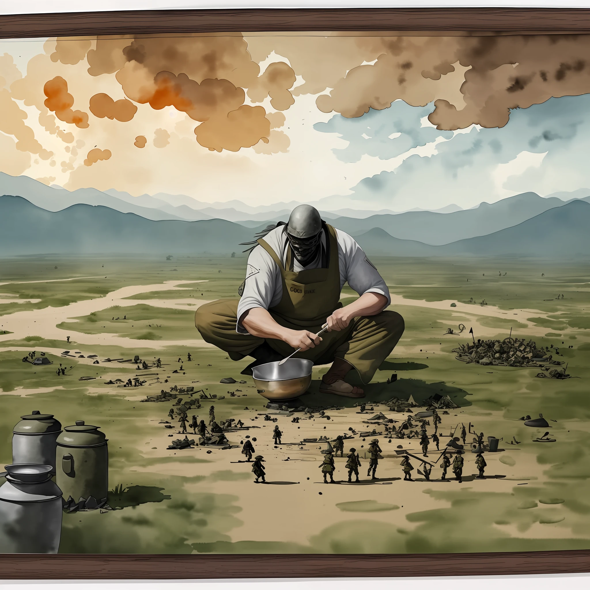 A zen moment, a giant overlooks a battle while cooking, (Subject: cook with outdoor on the go mobile meal prep area) (Style: watercolor and hand drawn sharp ink lines, serenity in the cooking process), (Framing: in center a cook making a meal in the middle of a battle field war zone, as the image expands out more chaos and carnage of the war unfolding around the cook), (Location: warzone, minefield, battle, war)