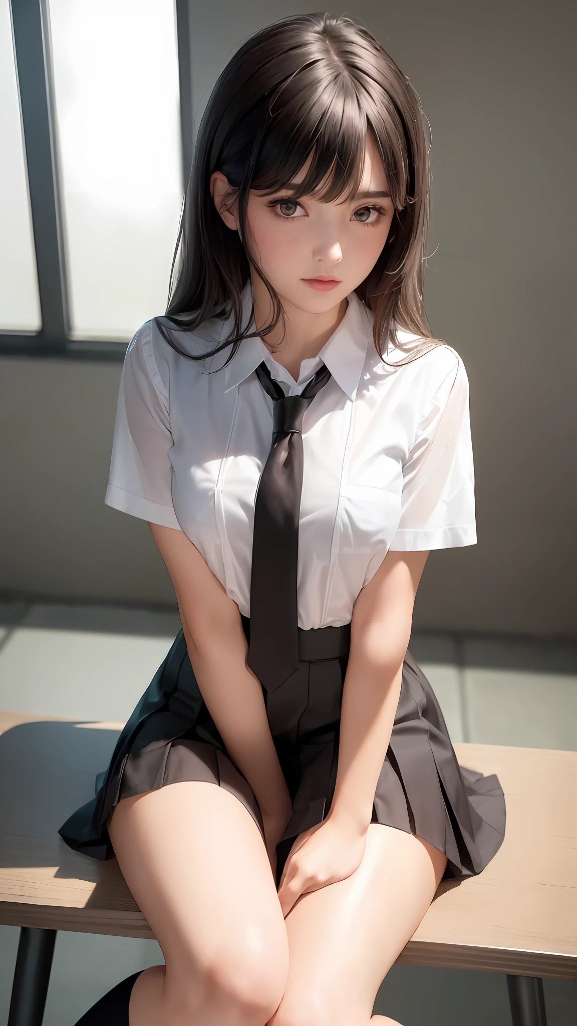 ((Medium-breasted, Small Head)), (Perfect Body: 1.1), (Young), (Short Wavy Hair: 1.2), (((School Uniform)), (Highly Detailed CG 8k Wallpaper), (Very Delicate and Beautiful), (Masterpiece), (Best Quality: 1.0), (Ultra High Definition: 1.0), Beautiful Lighting, Realistic Shadows, [Hi-Res], (((Realistic Skin))), Ultra Detail, A Little Thicker Thigh, ( Beautiful shiny hair), Beautiful big,(blush), photoreal, realistic face, realistic eyes, (small eyes), (eyeliner), (mascara), sexy, (sexy woman), (adult woman), (dark brown hair), photo of a woman aged 20, (white lace panties), (sitting with legs wide spread in classroom), blurry background,knee-high,(white shirt), Dark brown loafers, Black socks, Tie tie, (black pleated skirt), Bangs, Brown footwear, (shiny big), School background, (clear brown eyes),Seated, Panty shot, (glossy all over body)(glossy on body),hands behind the back, glossy on legs, shiny on legs, sweat, shiny on legs, slim body), (Japan girls' high school uniform)), with black blazer patch,