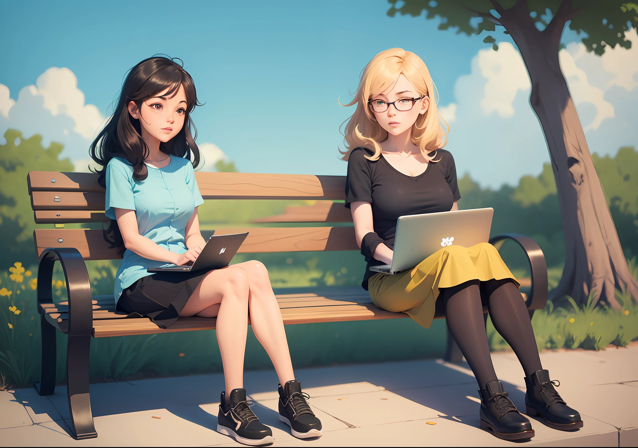 cartoon of a 2 woman sitting on a bench with a laptop, cartoon illustration, wikihow illustration, flat illustration, random background scene, simple illustration, a cartoon, cartoon, cartoon still, 2 people, cartoon style illustration, animation still, very coherent image, realistic scene, do you want to know --auto --s2
