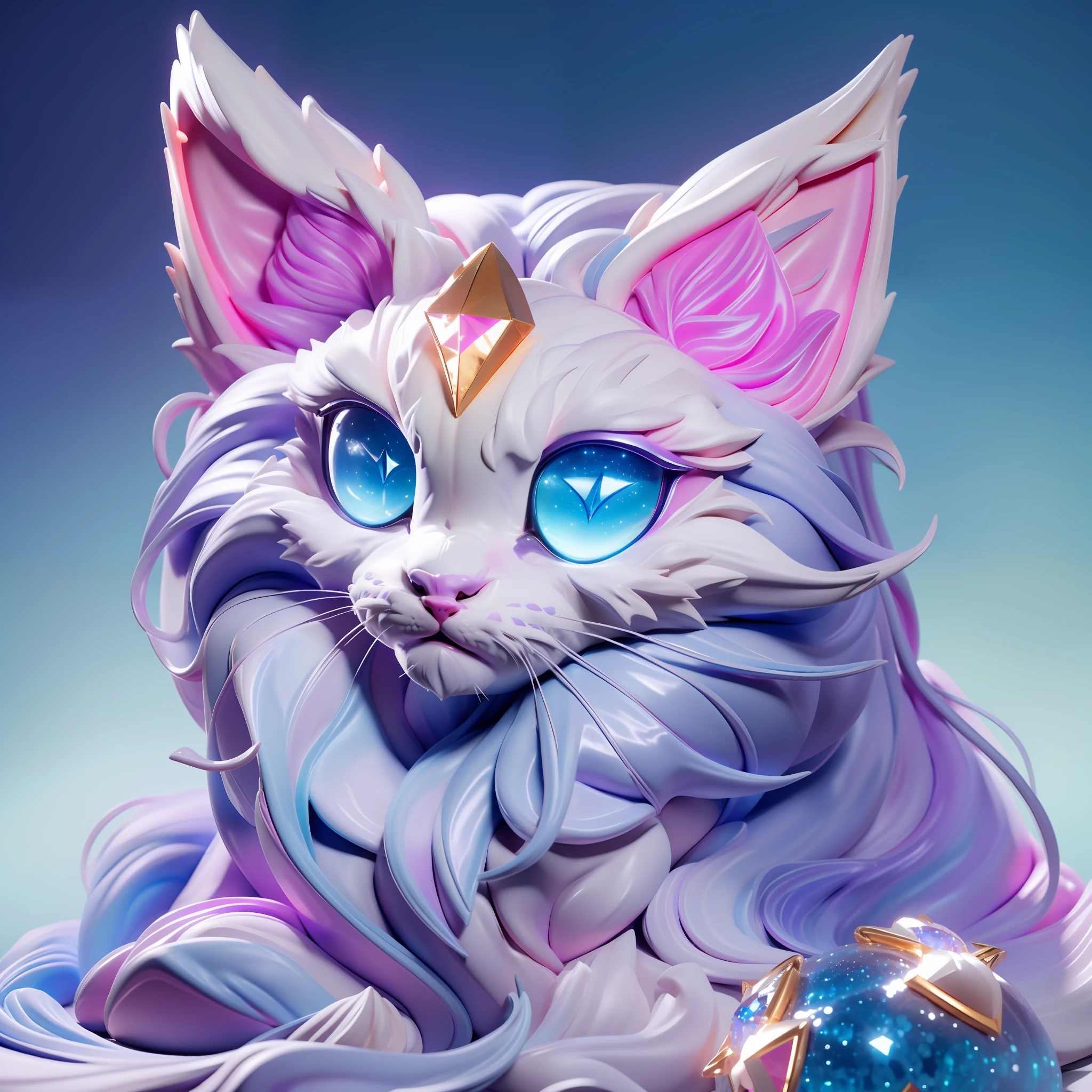 gato feito de diamante, refletindo a luz, , 8K, UHD, pele feita de diamante, sem pelo, super detalhado, fundo liso, azul